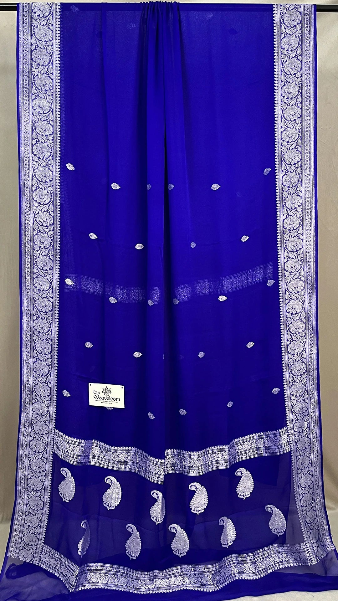 Royal Blue Khaddi Georgette Pure Banarasi Saree with Silver Zari Paisley Border by The Weaveloom