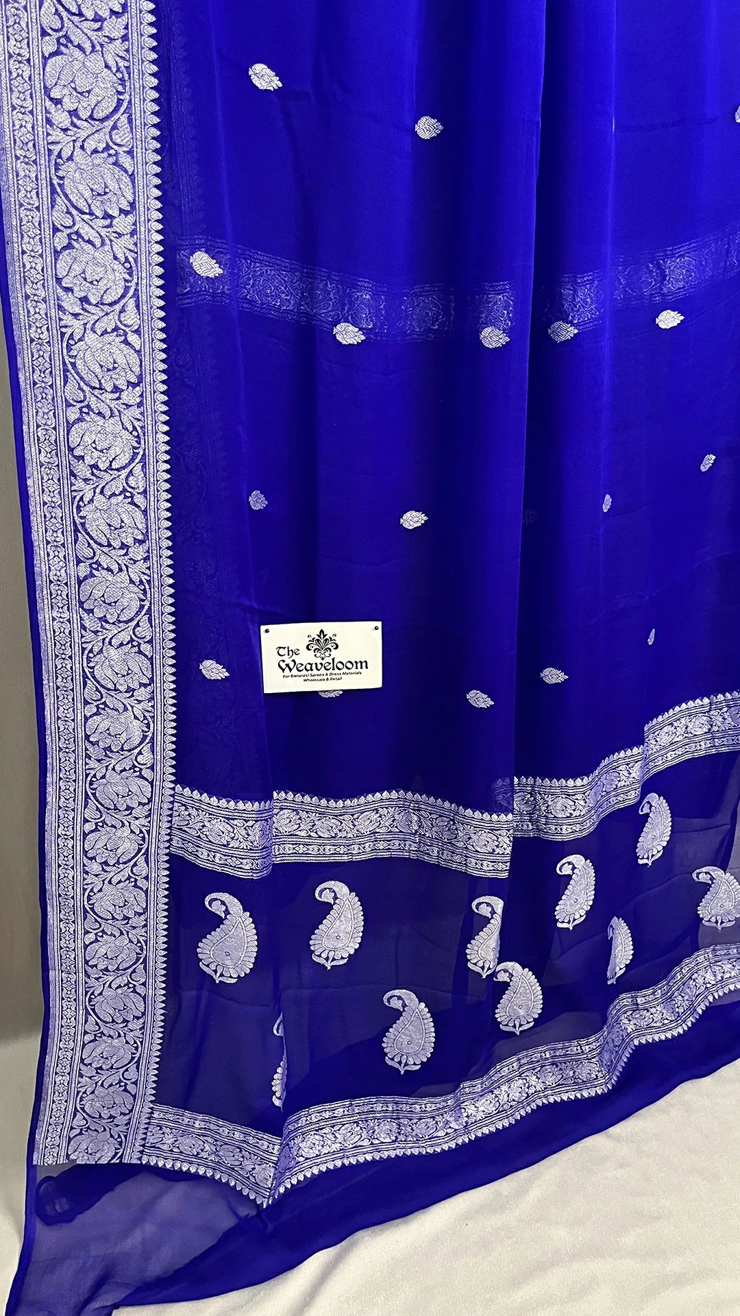 Royal Blue Khaddi Georgette Pure Banarasi Saree with Silver Zari Paisley Border by The Weaveloom