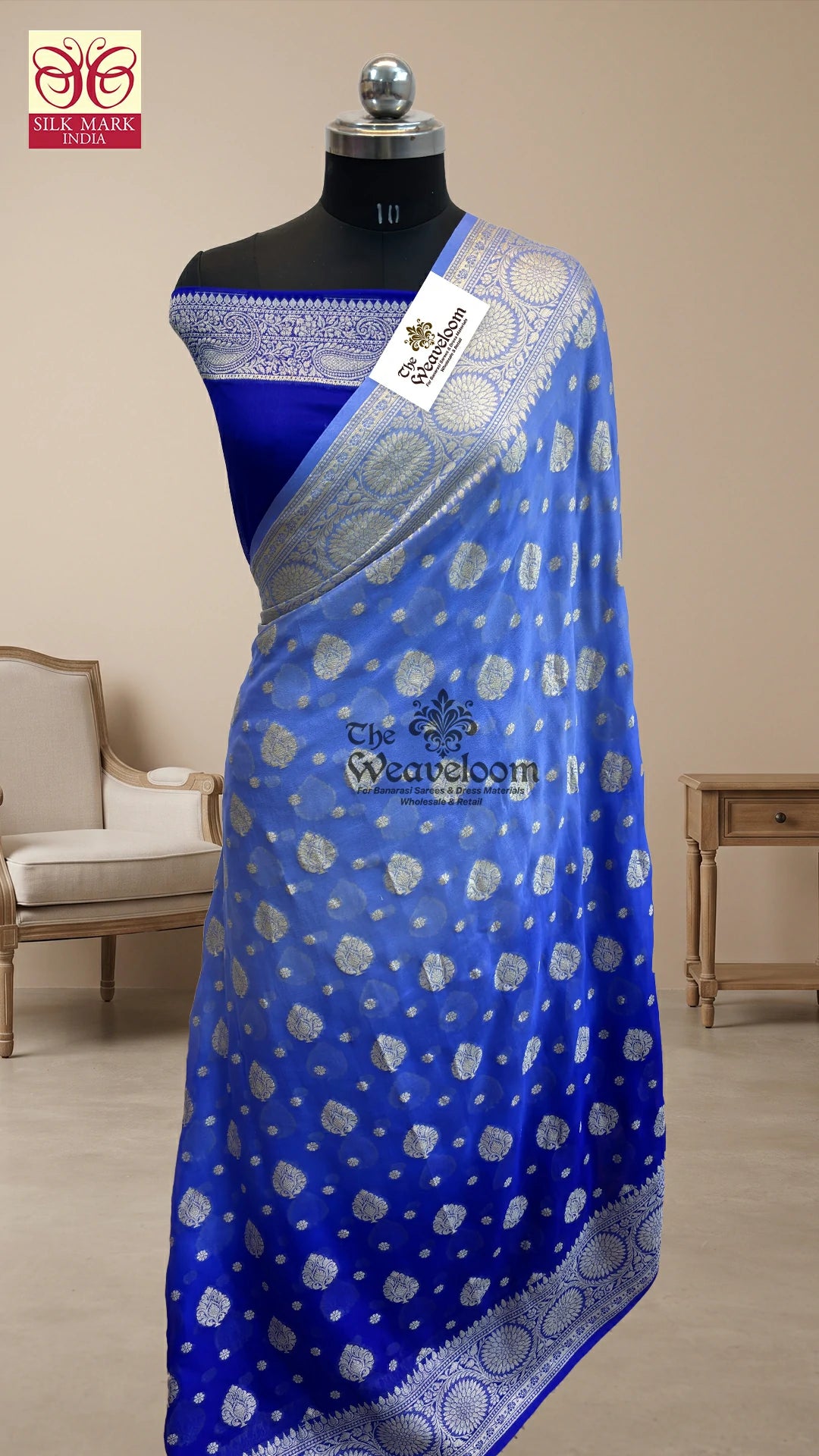 Royal Blue Ombre Dye Paisley Booti Crepe Georgette Pure Banarasi Saree by The Weaveloom