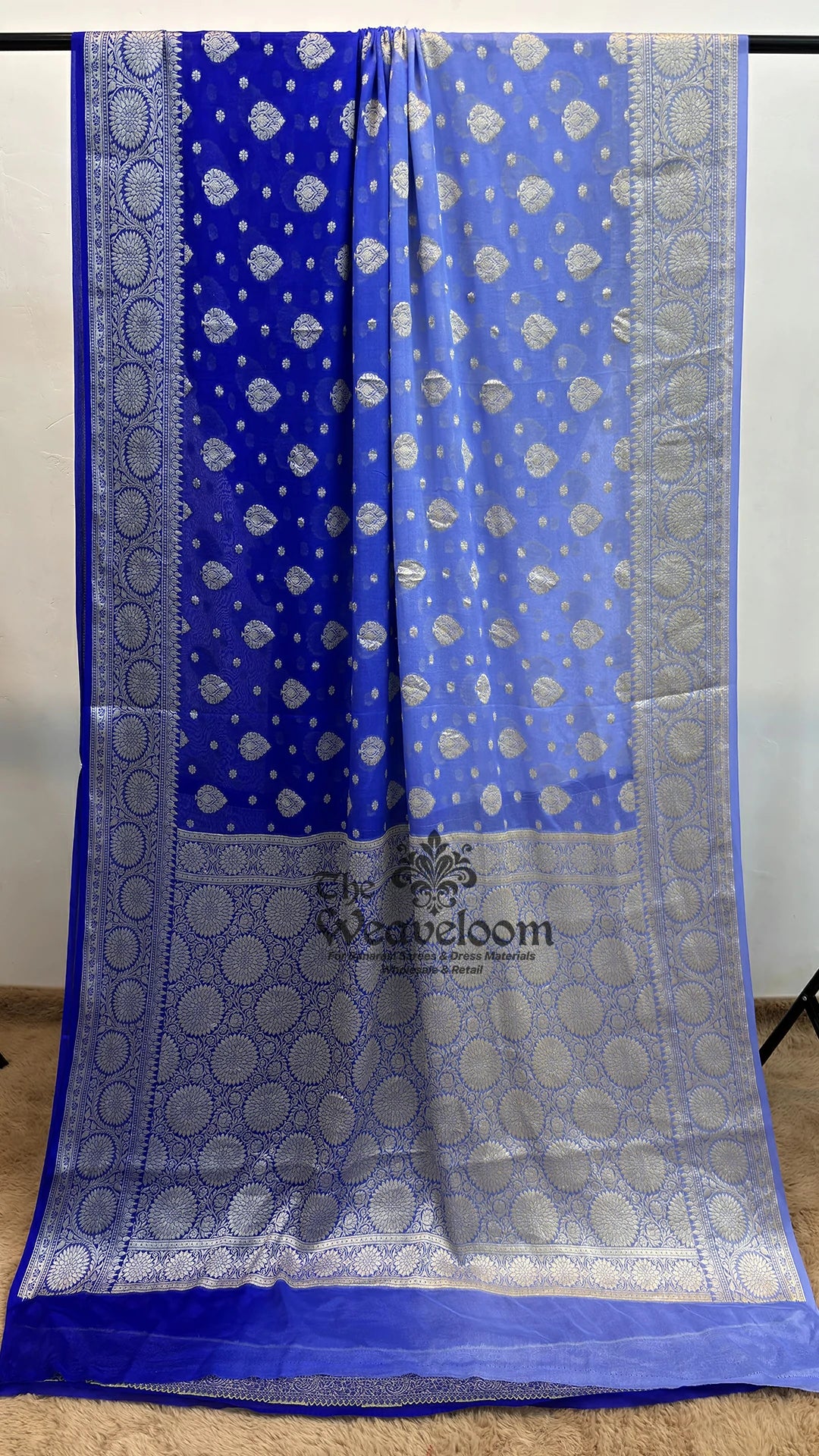 Royal Blue Ombre Dye Paisley Booti Crepe Georgette Pure Banarasi Saree by The Weaveloom