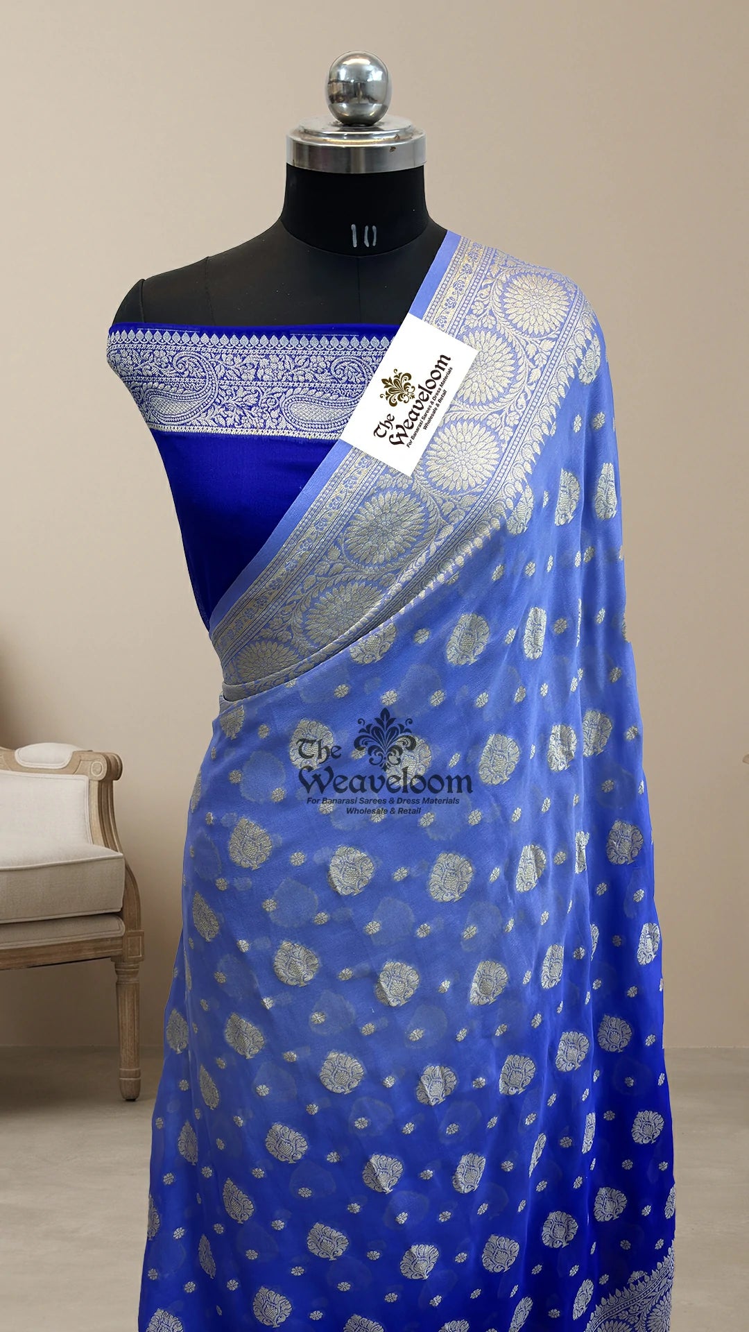 Royal Blue Ombre Dye Paisley Booti Crepe Georgette Pure Banarasi Saree by The Weaveloom