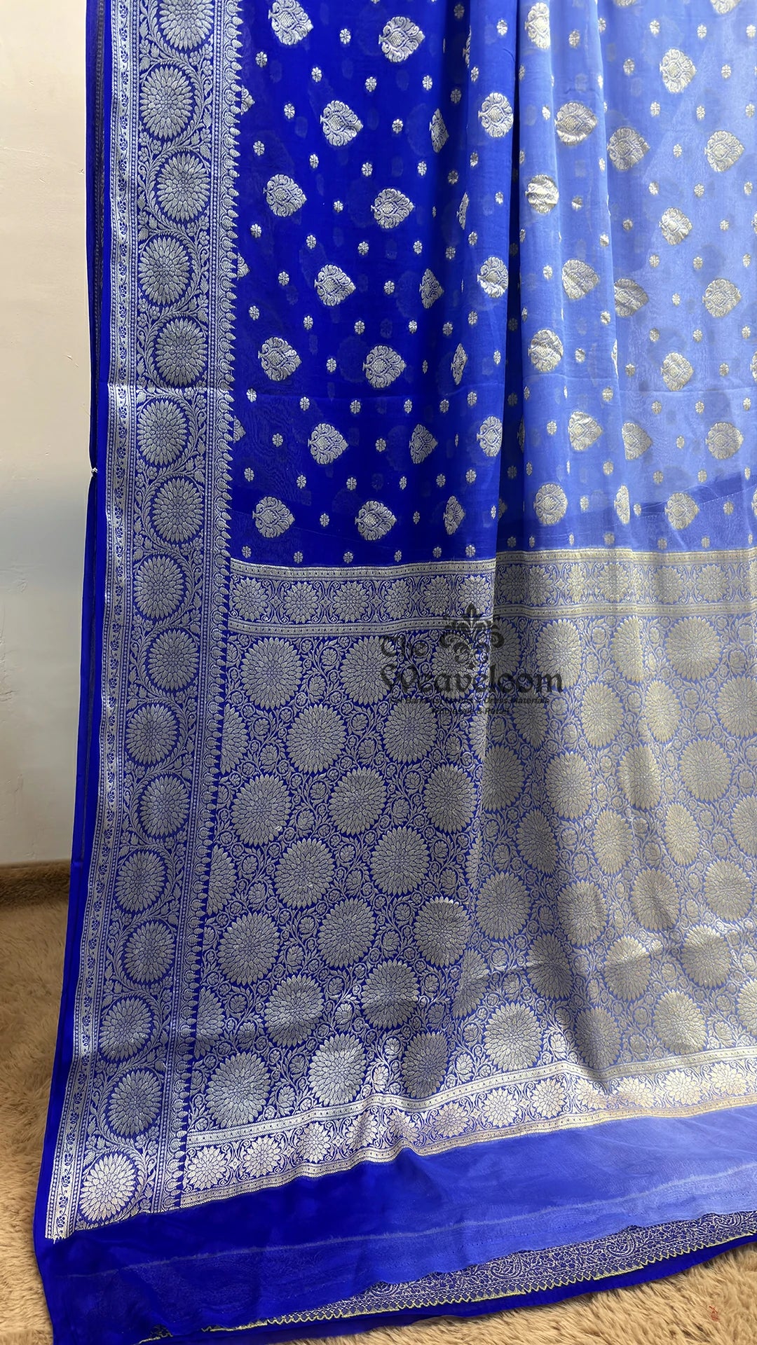 Royal Blue Ombre Dye Paisley Booti Crepe Georgette Pure Banarasi Saree by The Weaveloom