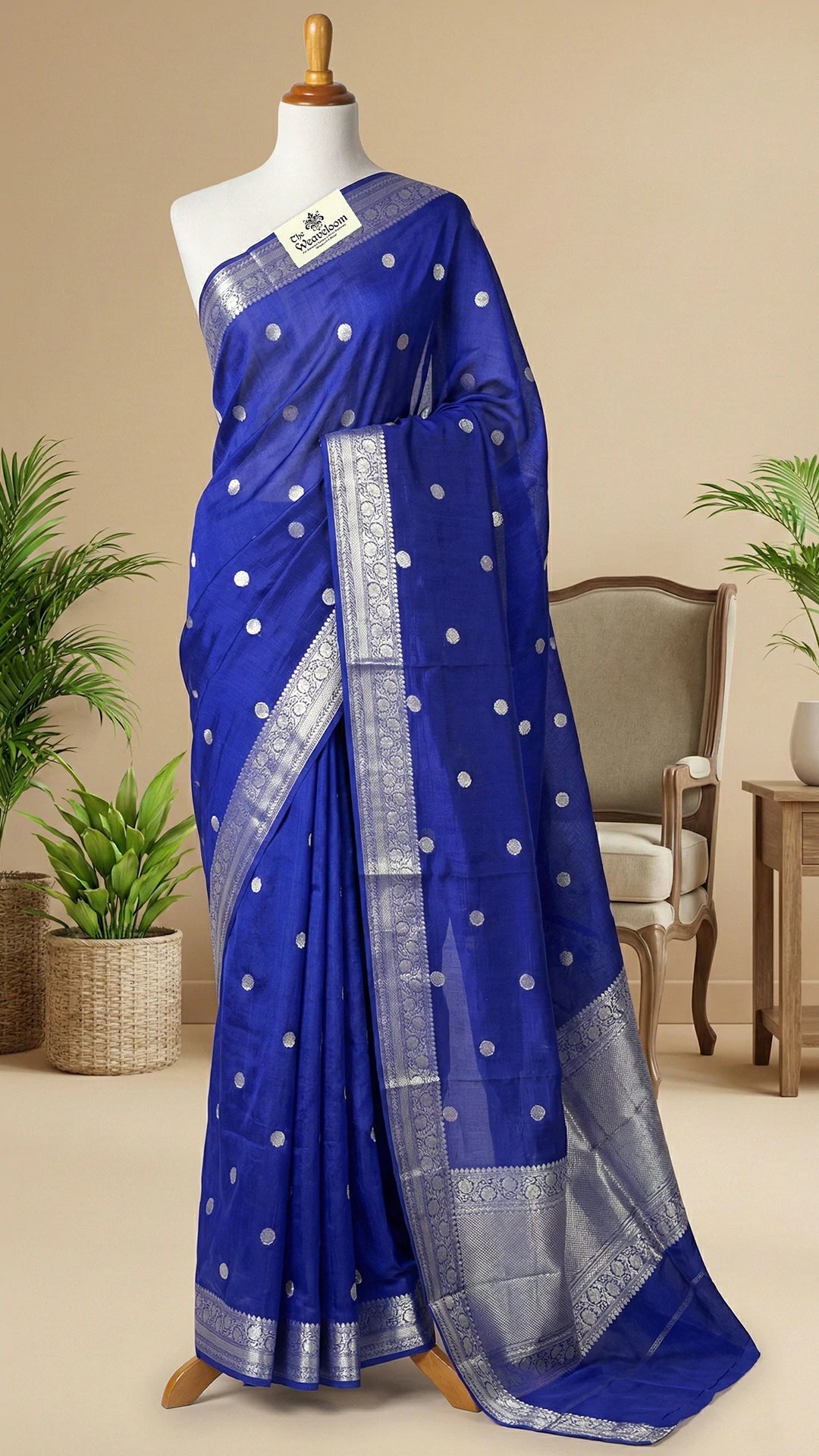 Royal Blue Polka Motif Kora Silk Pure Banarasi Saree With Silver Zari Border by The Weaveloom