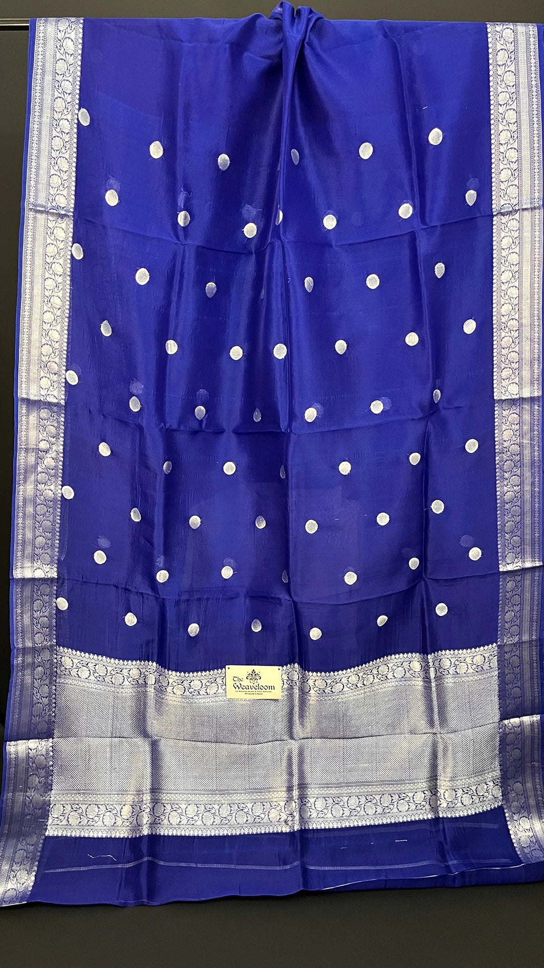 Royal Blue Polka Motif Kora Silk Pure Banarasi Saree With Silver Zari Border by The Weaveloom