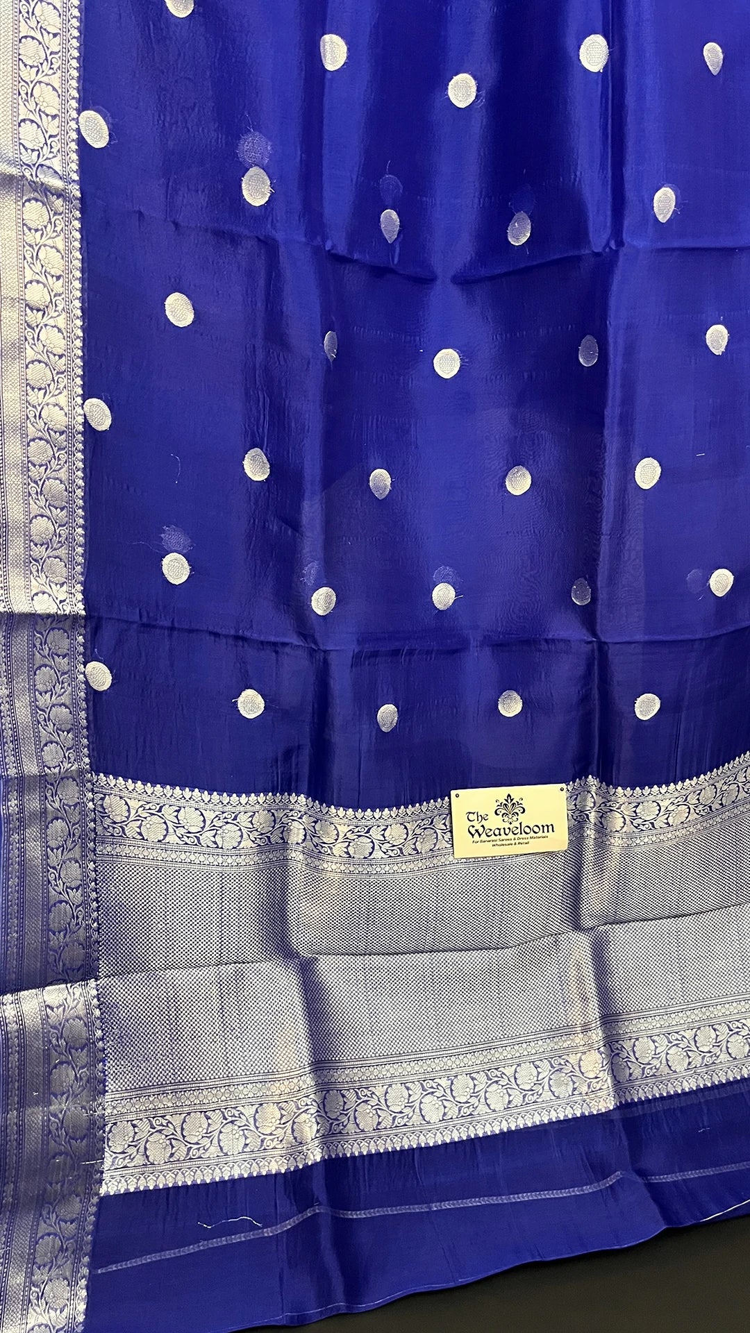 Royal Blue Polka Motif Kora Silk Pure Banarasi Saree With Silver Zari Border by The Weaveloom
