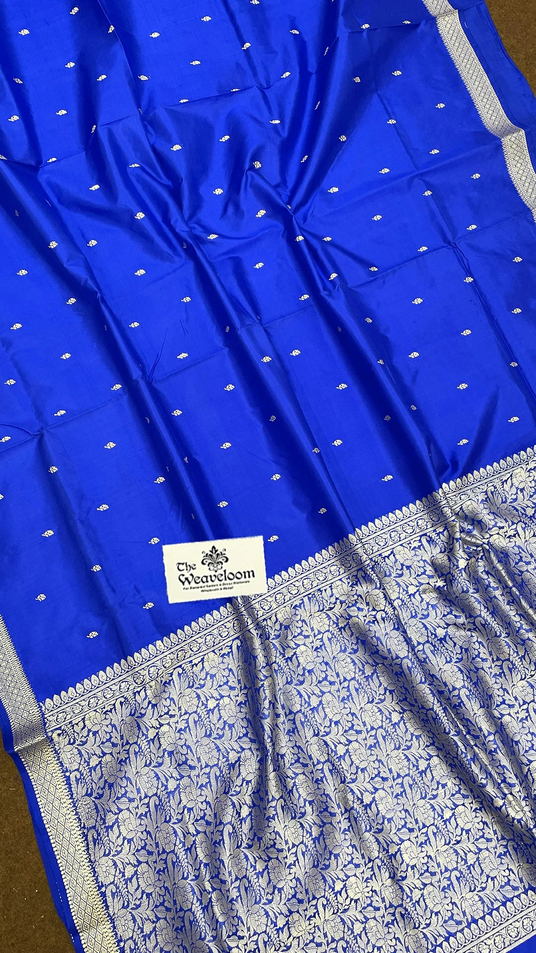 Royal Blue Pure Katan Silk Banarasi Saree with Silver Buta and Floral Zari Pallu by The Weaveloom