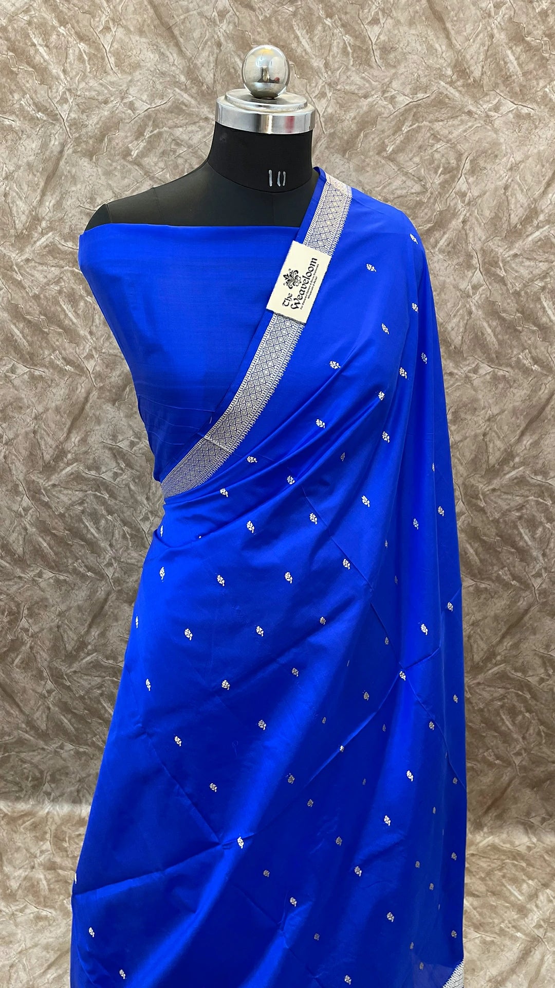 Royal Blue Pure Katan Silk Banarasi Saree with Silver Buta and Floral Zari Pallu by The Weaveloom