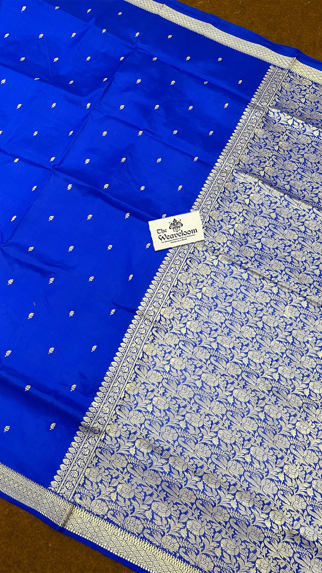 Royal Blue Pure Katan Silk Banarasi Saree with Silver Buta and Floral Zari Pallu by The Weaveloom