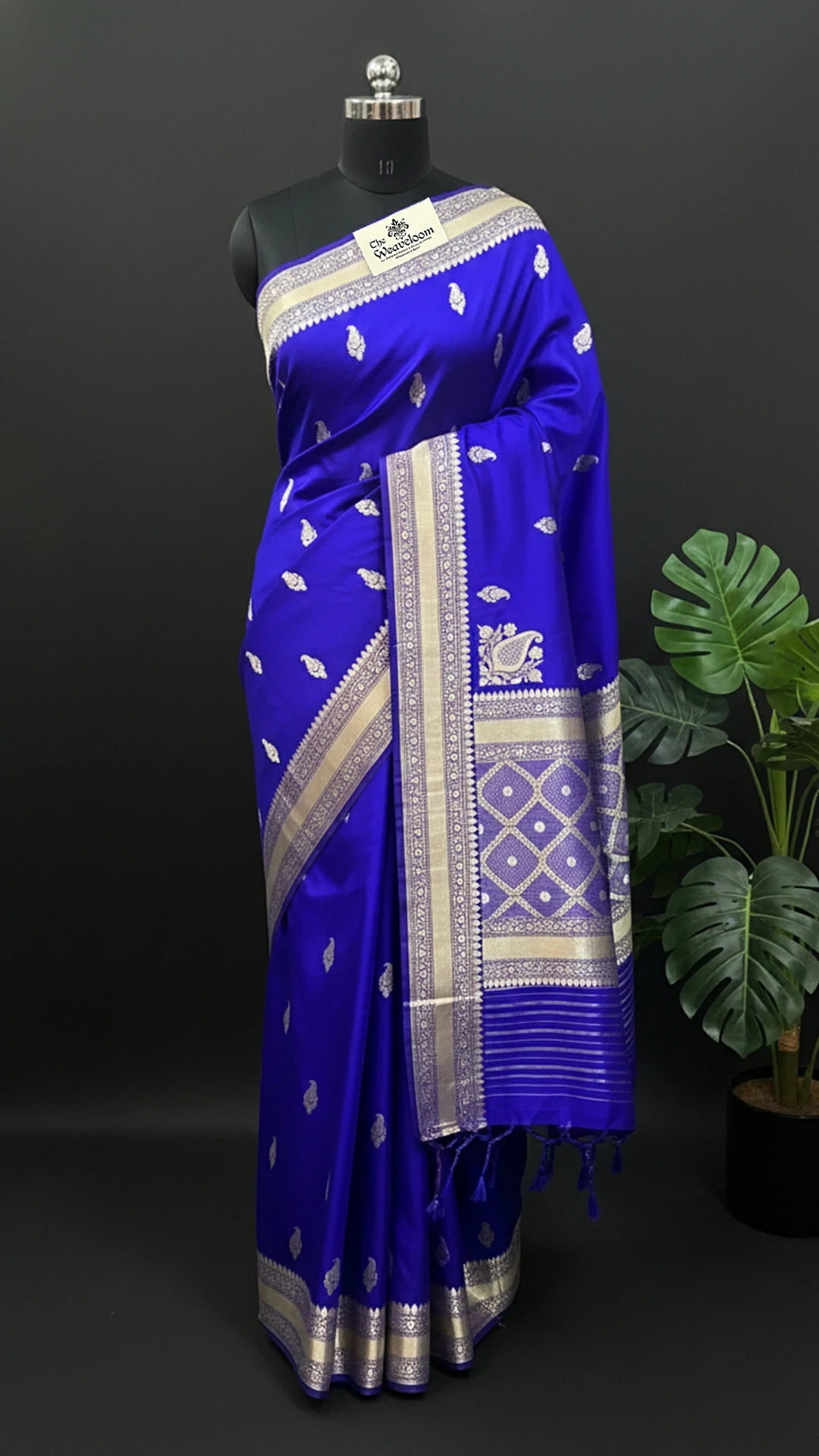 Royal Blue Pure Katan Silk Handloom Banarasi Saree with Silver Zari Buta by The Weaveloom