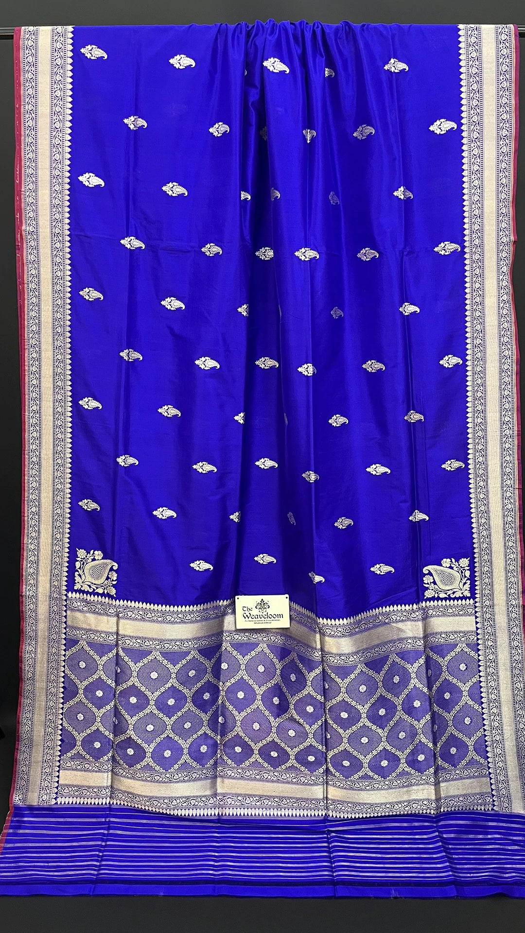 Royal Blue Pure Katan Silk Handloom Banarasi Saree with Silver Zari Buta by The Weaveloom