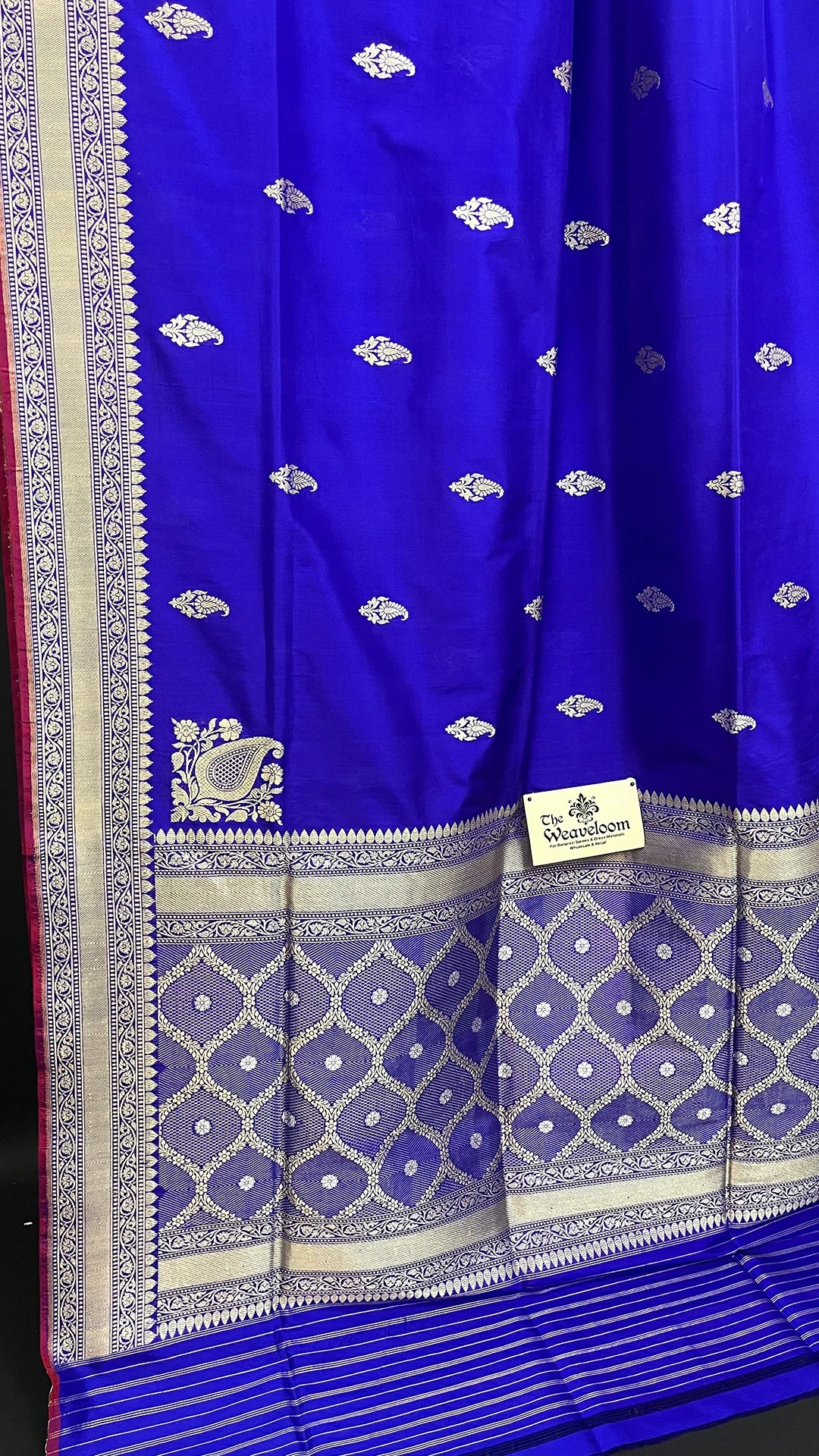 Royal Blue Pure Katan Silk Handloom Banarasi Saree with Silver Zari Buta by The Weaveloom