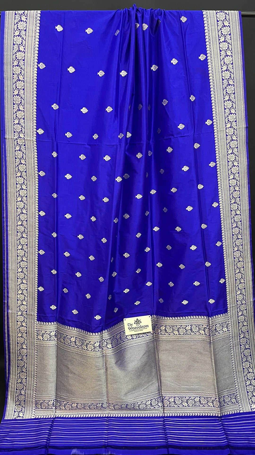 Royal Blue Pure Katan Silk Handloom Banarasi Saree Silver Buta Kadwa Zari — The Weaveloom