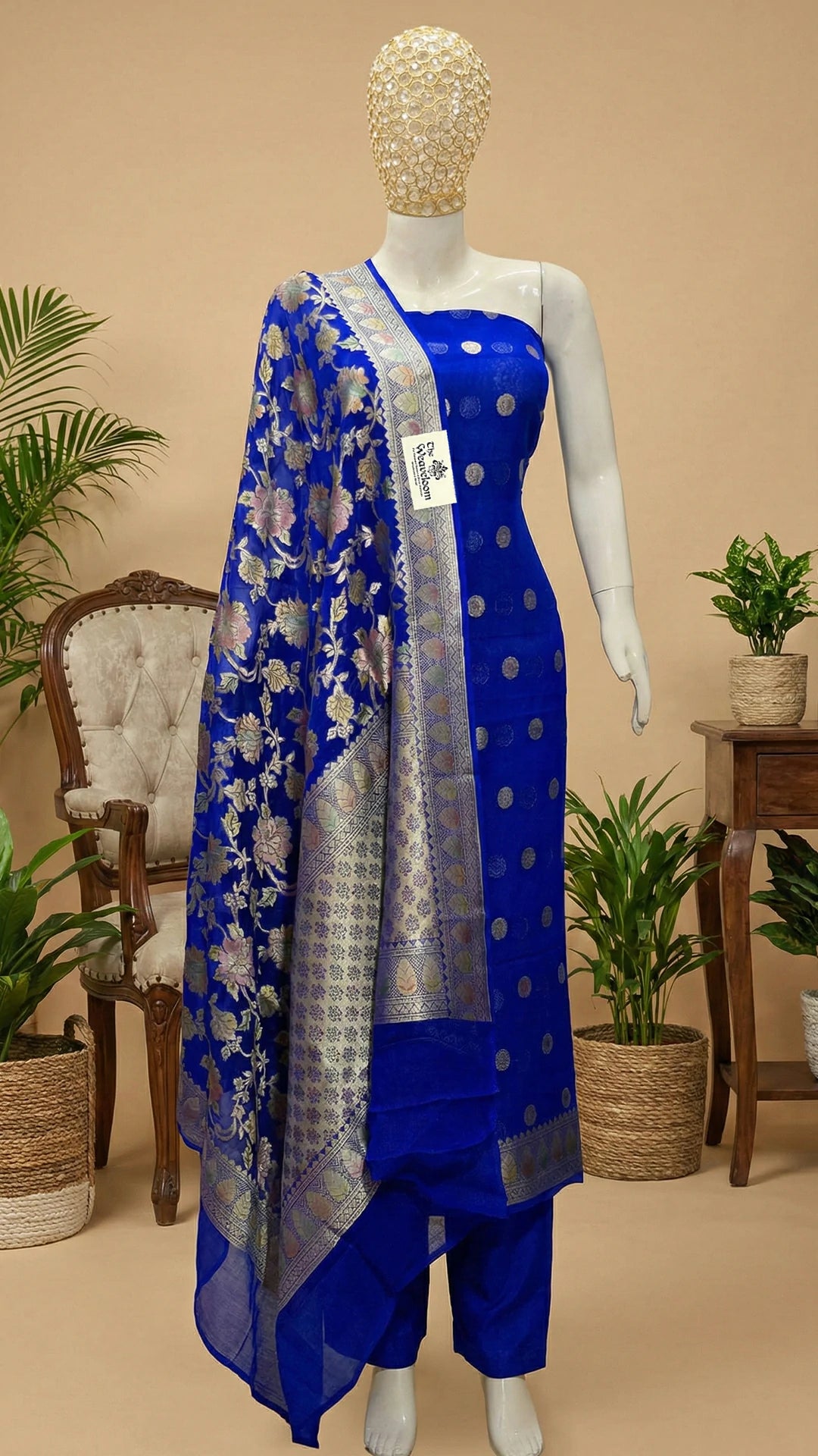 Royal Blue Pure Khaddi Georgette Banarasi Dress Material with Water Zari Work by The Weaveloom