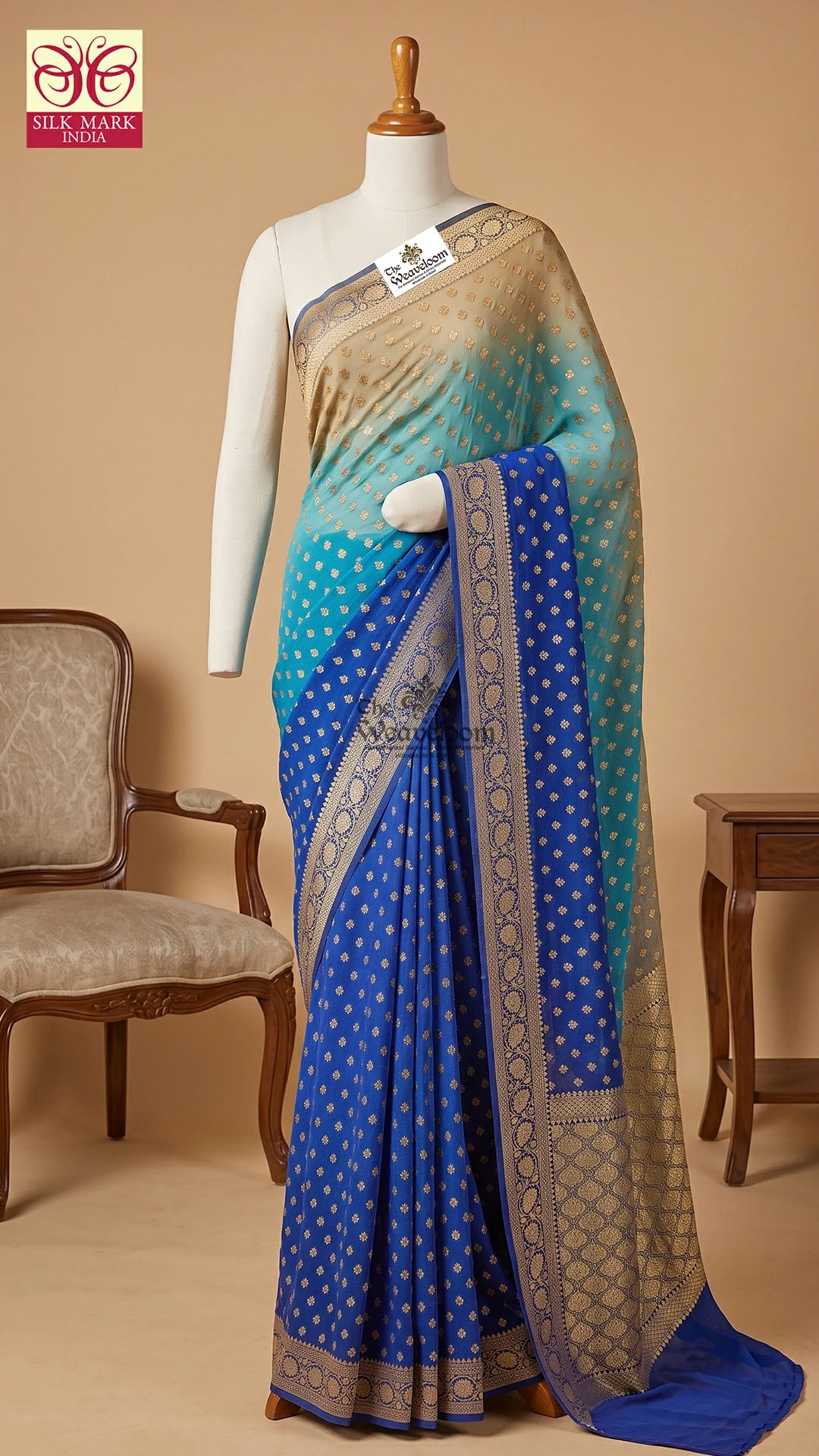 Royal Blue Turquoise Ombre Booti Motif Pure Banarasi Saree by The Weaveloom