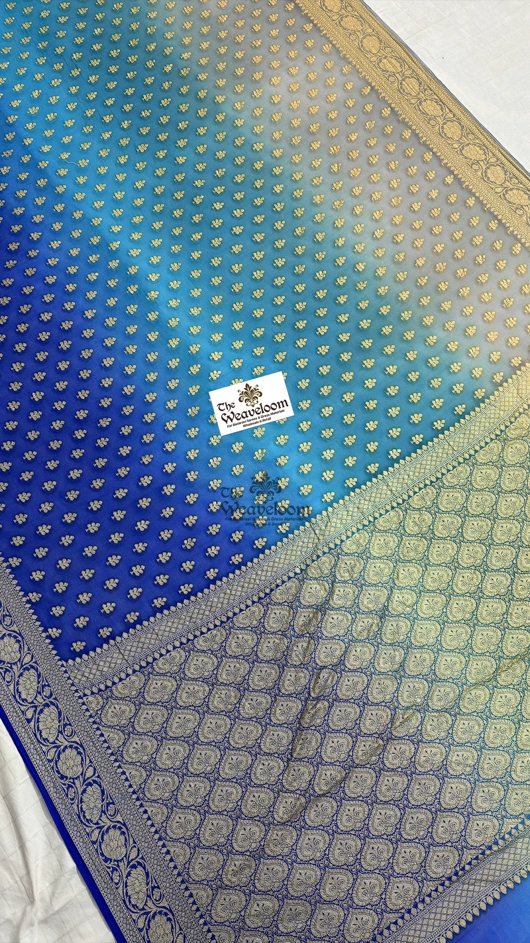 Royal Blue Turquoise Ombre Booti Motif Pure Banarasi Saree by The Weaveloom
