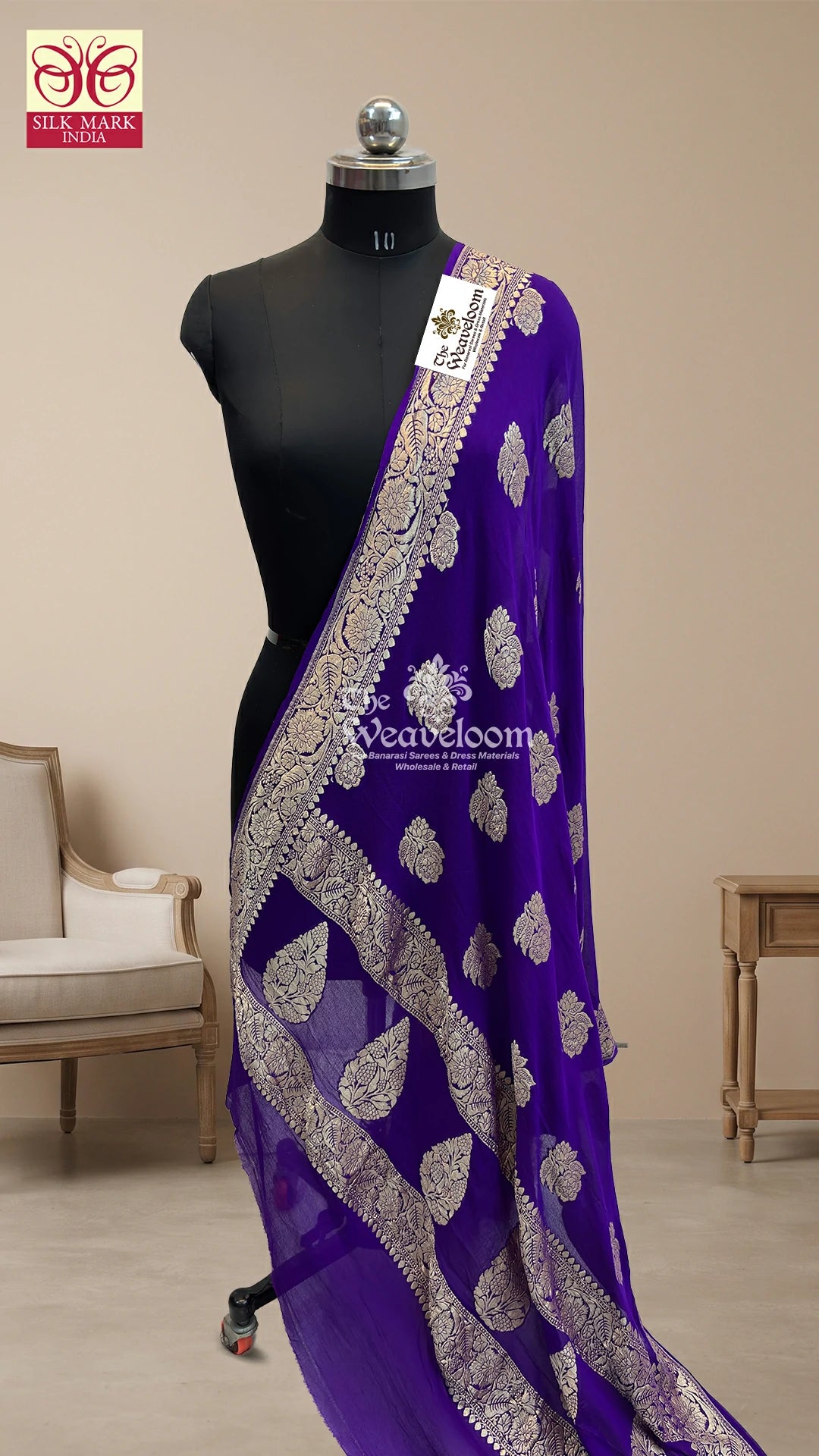 Royal Purple Floral Buti Paisley Khaddi Georgette Pure Banarasi Dupatta from The Weaveloom