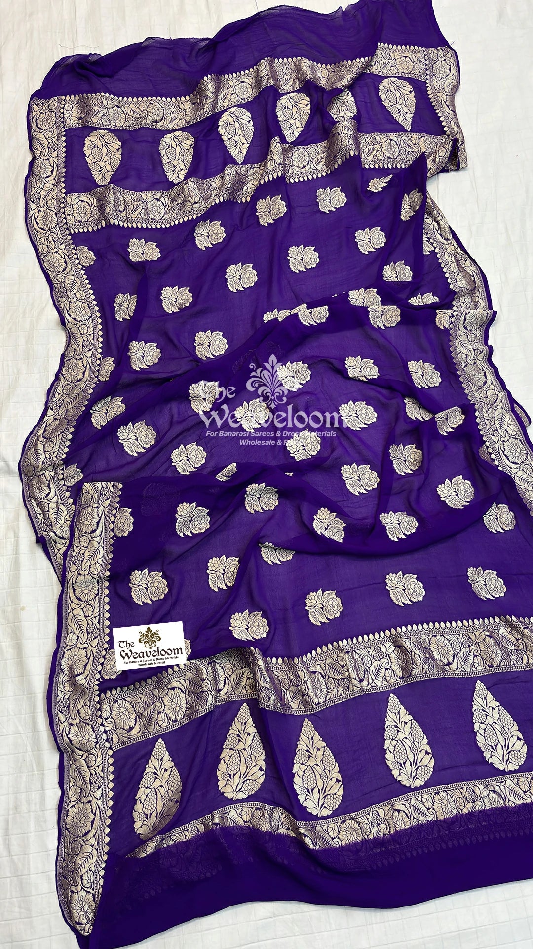 Royal Purple Floral Buti Paisley Khaddi Georgette Pure Banarasi Dupatta from The Weaveloom