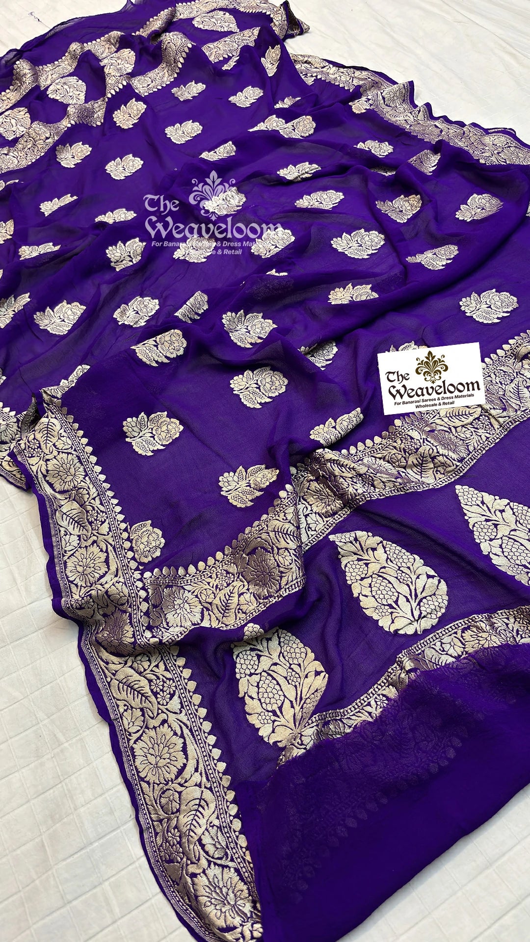 Royal Purple Floral Buti Paisley Khaddi Georgette Pure Banarasi Dupatta from The Weaveloom