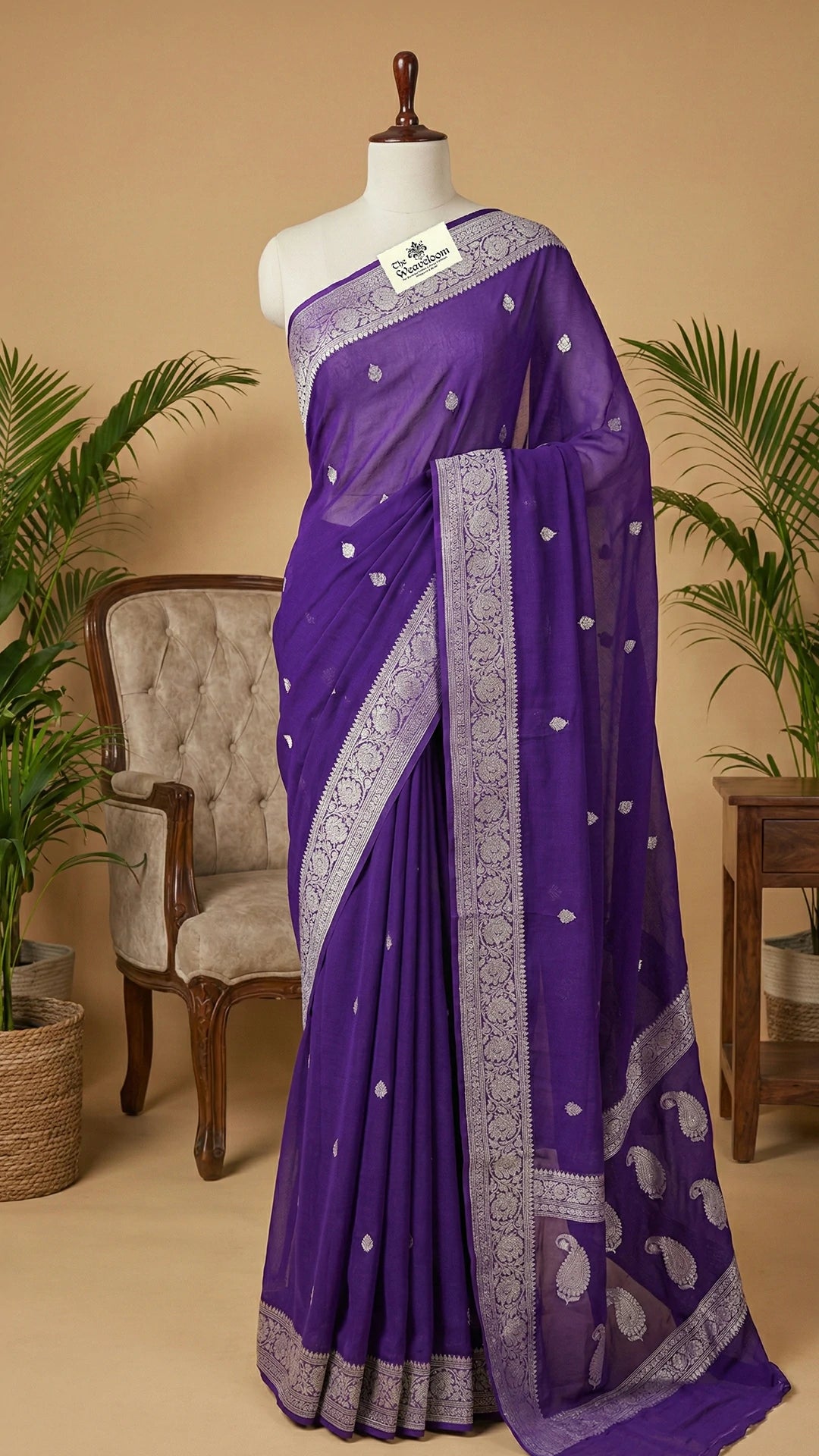 Royal Purple Khaddi Georgette Pure Banarasi Saree with Silver Zari Paisley Motifs by The Weaveloom