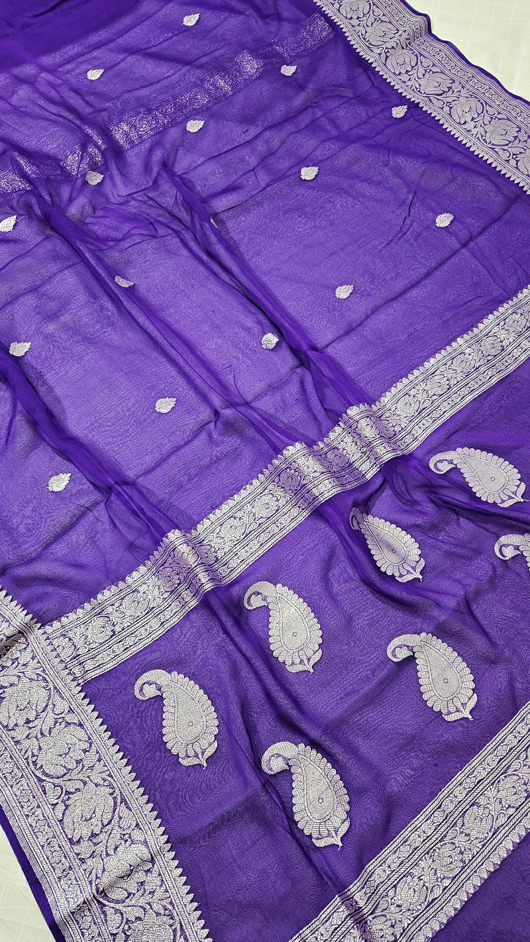 Royal Purple Khaddi Georgette Pure Banarasi Saree with Silver Zari Paisley Motifs by The Weaveloom