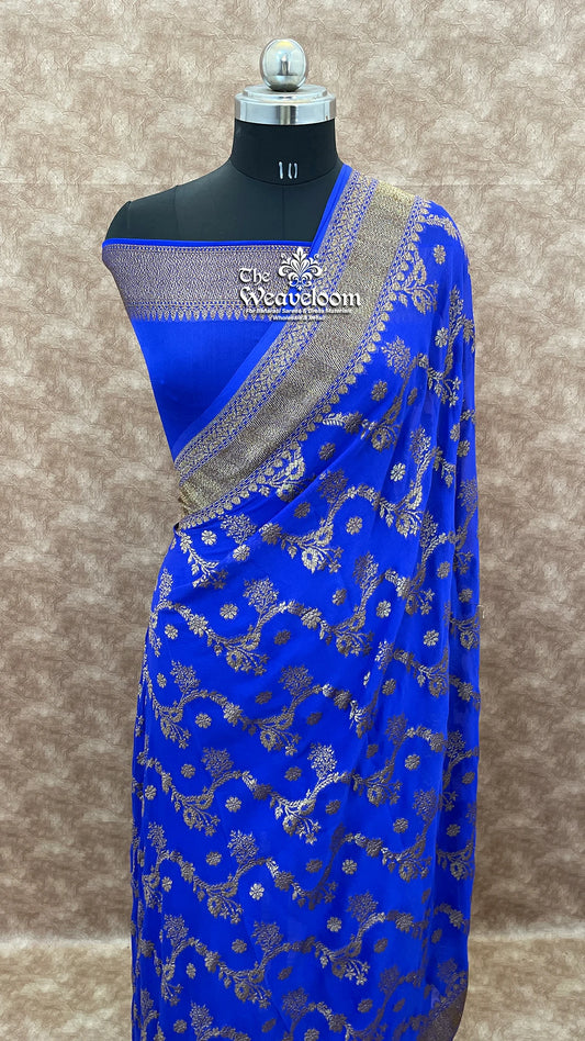 Royal Blue Khaddi Georgette Pure Banarasi Saree with Antique Zari - The Weaveloom