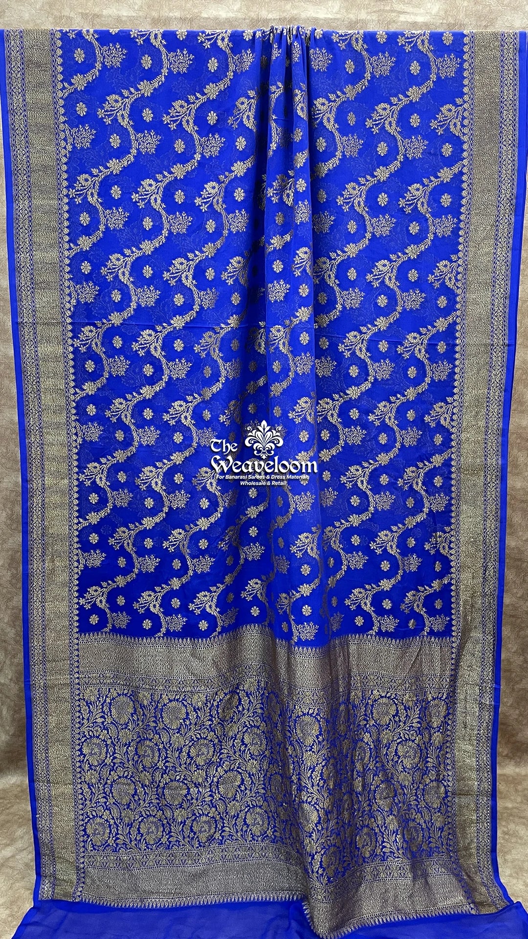 Royal Blue Khaddi Georgette Pure Banarasi Saree with Antique Zari - The Weaveloom