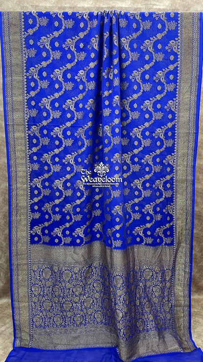 Royal Blue Khaddi Georgette Pure Banarasi Saree with Antique Zari - The Weaveloom