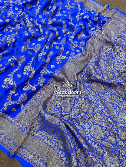 Royal Blue Khaddi Georgette Pure Banarasi Saree with Antique Zari - The Weaveloom
