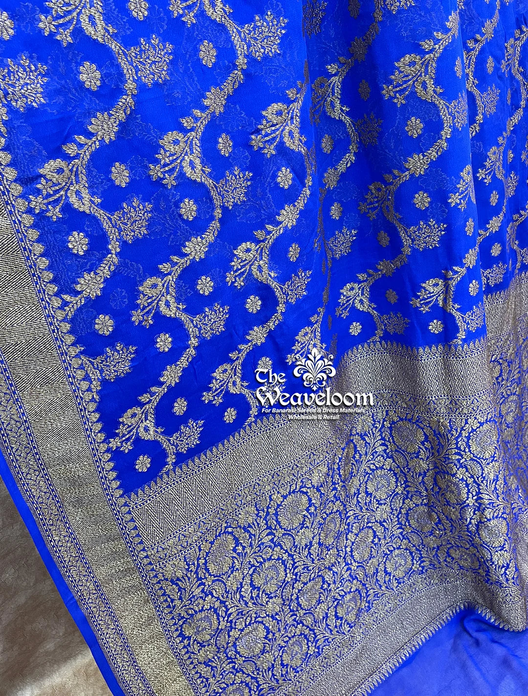 Royal Blue Khaddi Georgette Pure Banarasi Saree with Antique Zari - The Weaveloom