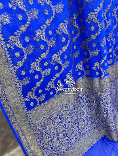 Royal Blue Khaddi Georgette Pure Banarasi Saree with Antique Zari - The Weaveloom