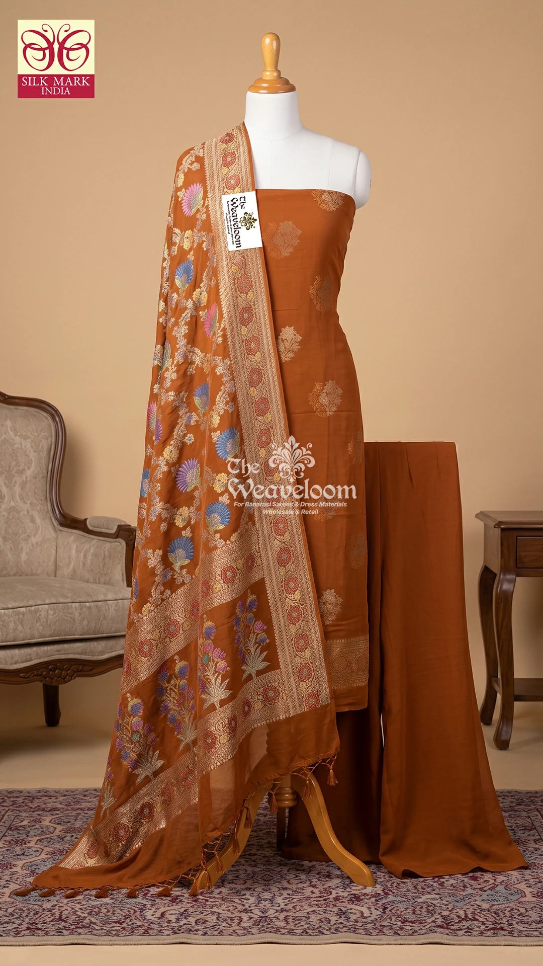 Rust floral jaal Khaddi Georgette pure Banarasi dress material unstitched salwar suit with dupatta by The Weaveloom