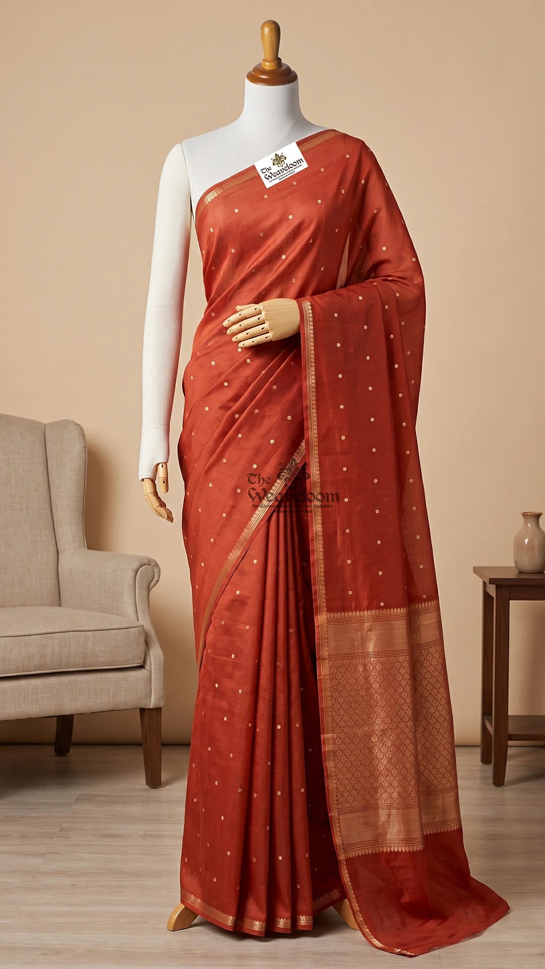 Rust Handwoven Kora Silk Banarasi Saree with Gold Zari Booti Motifs by The Weaveloom