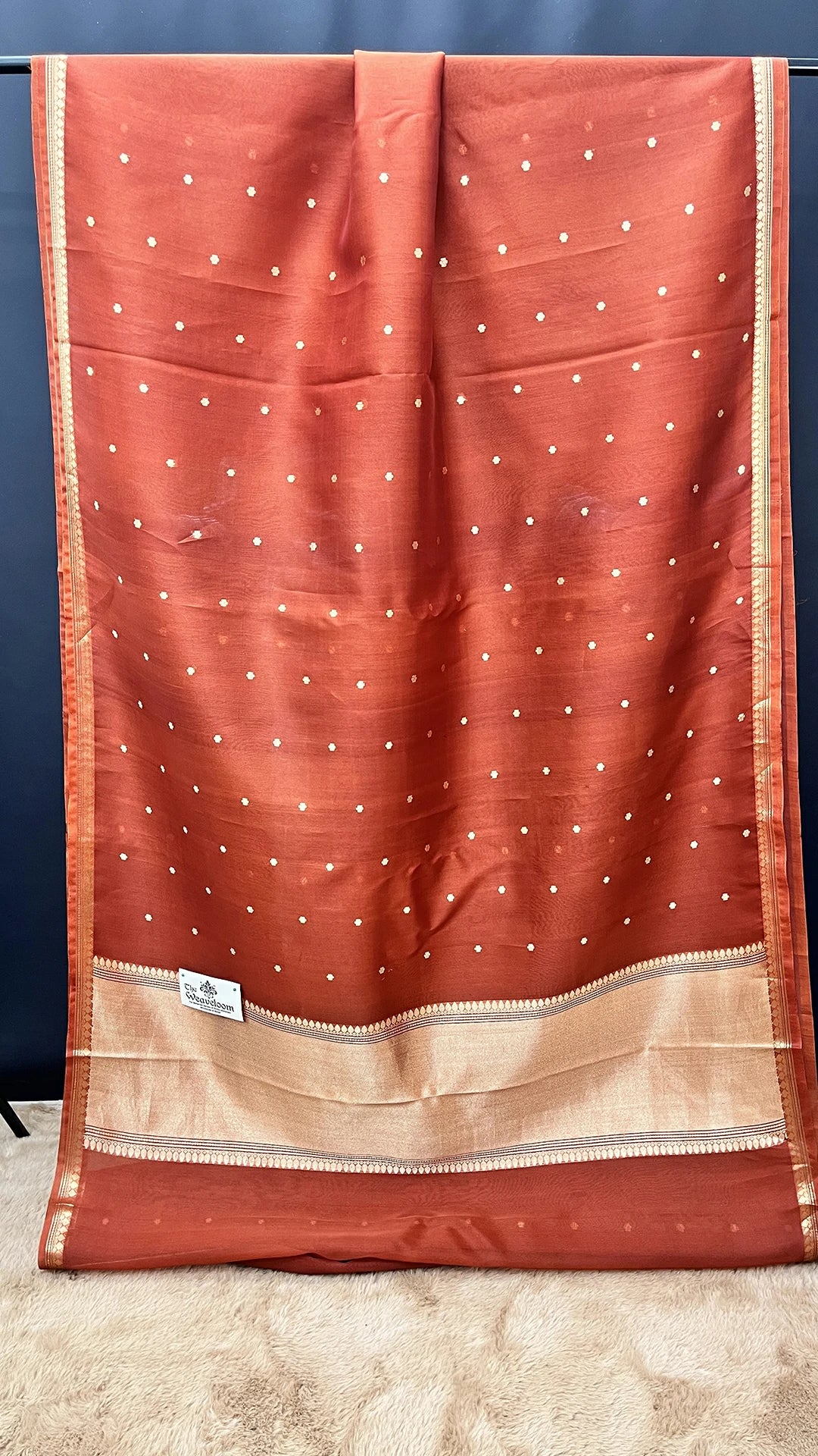 Rust Handwoven Kora Silk Banarasi Saree with Gold Zari Booti Motifs by The Weaveloom