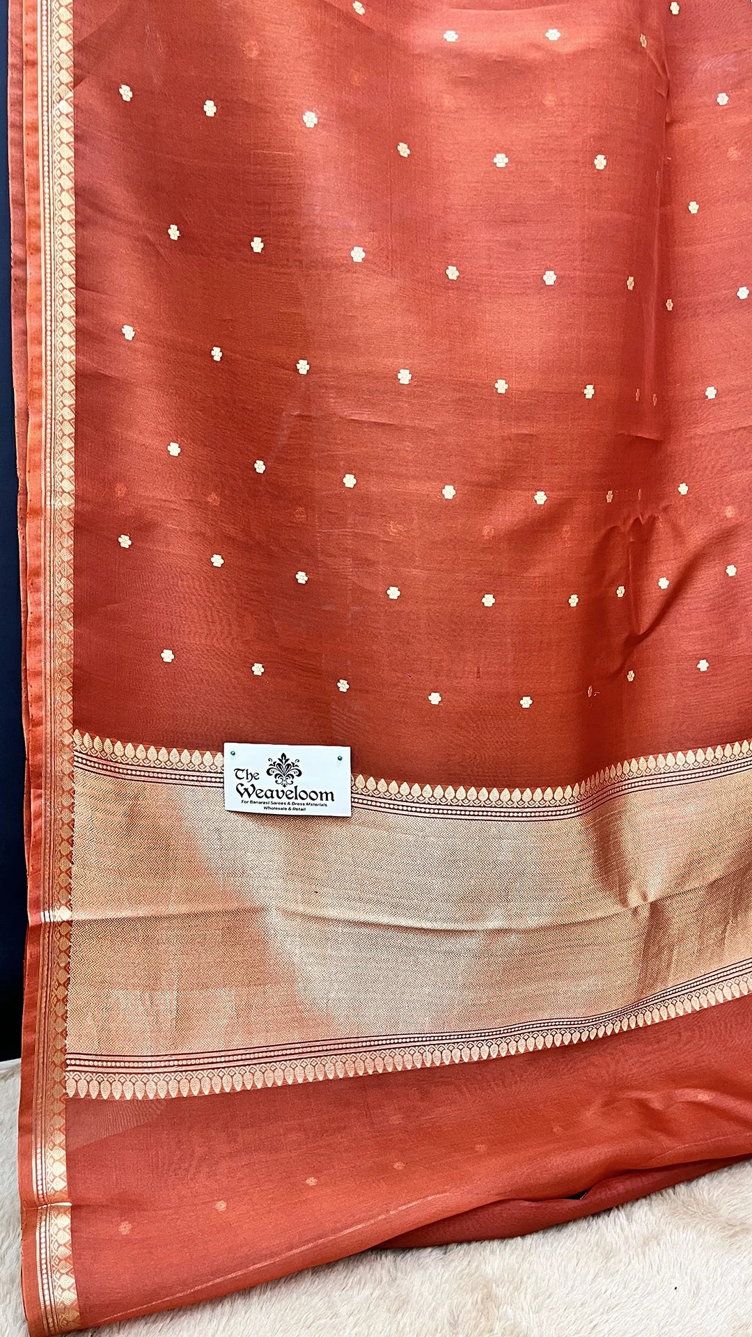 Rust Handwoven Kora Silk Banarasi Saree with Gold Zari Booti Motifs by The Weaveloom