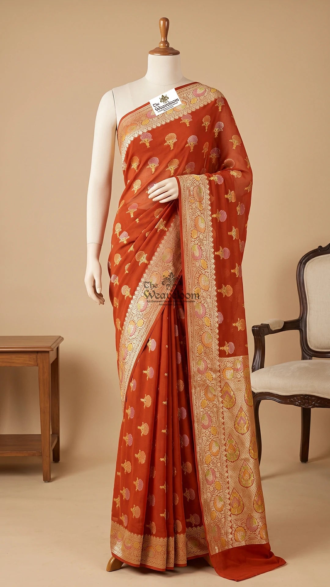Rust Orange Floral Butti Crepe Georgette Pure Banarasi Saree by The Weaveloom