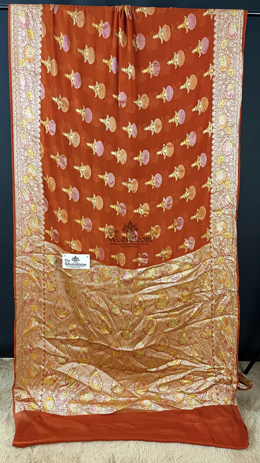 Rust Orange Floral Butti Crepe Georgette Pure Banarasi Saree by The Weaveloom