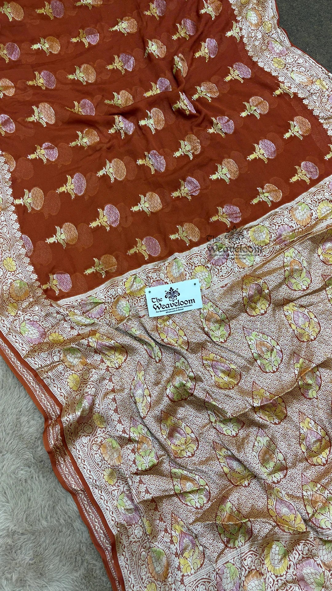 Rust Orange Floral Butti Crepe Georgette Pure Banarasi Saree by The Weaveloom