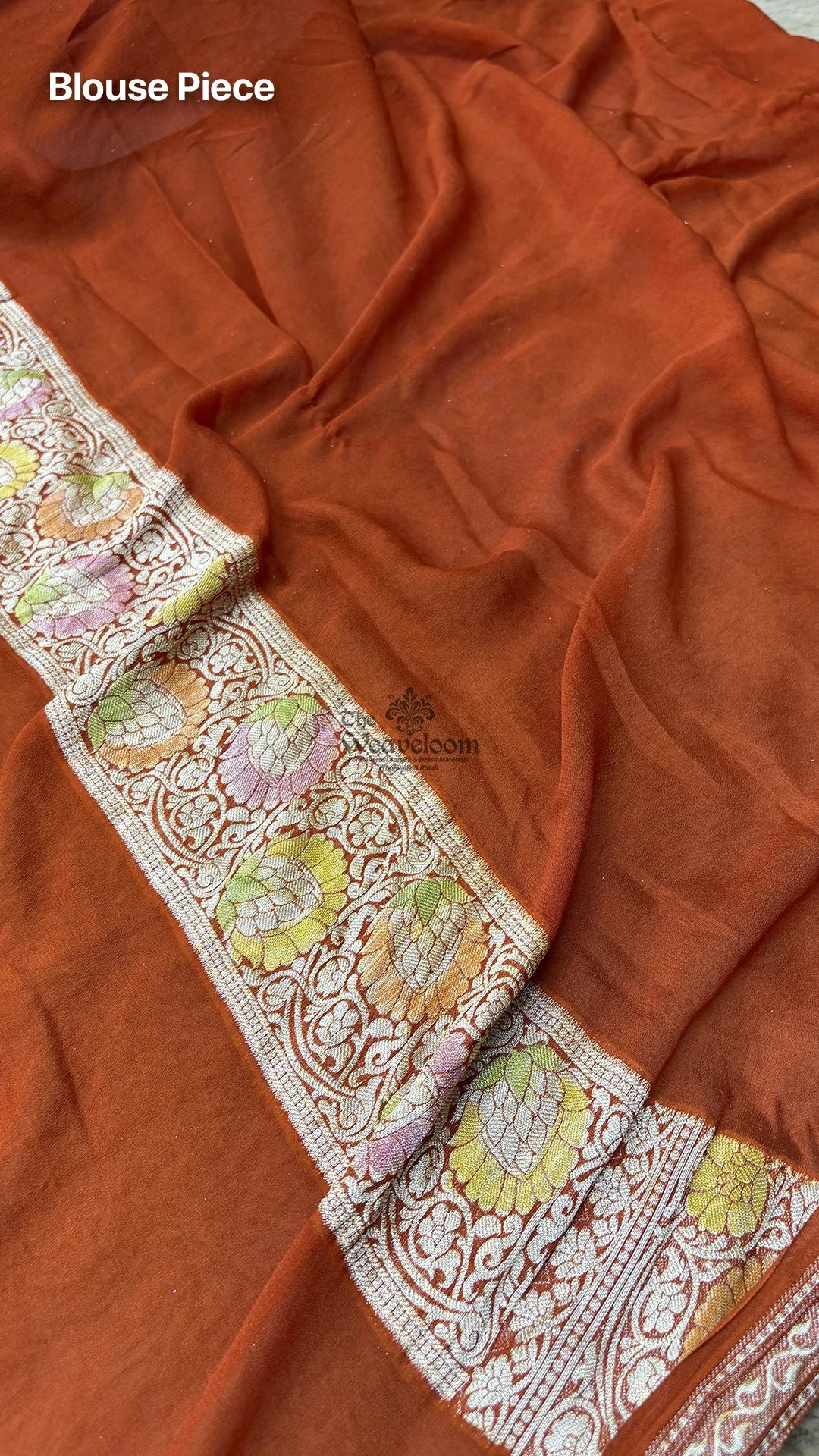 Rust Orange Floral Butti Crepe Georgette Pure Banarasi Saree by The Weaveloom