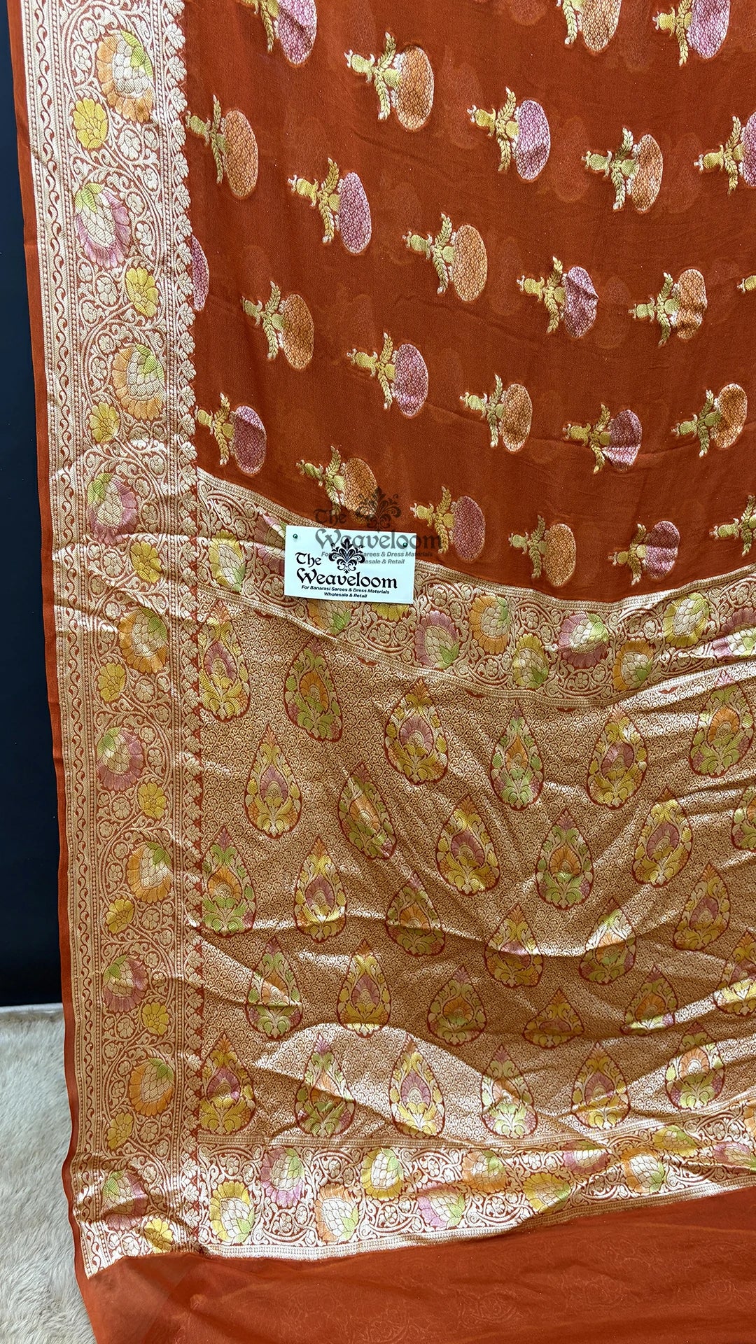 Rust Orange Floral Butti Crepe Georgette Pure Banarasi Saree by The Weaveloom