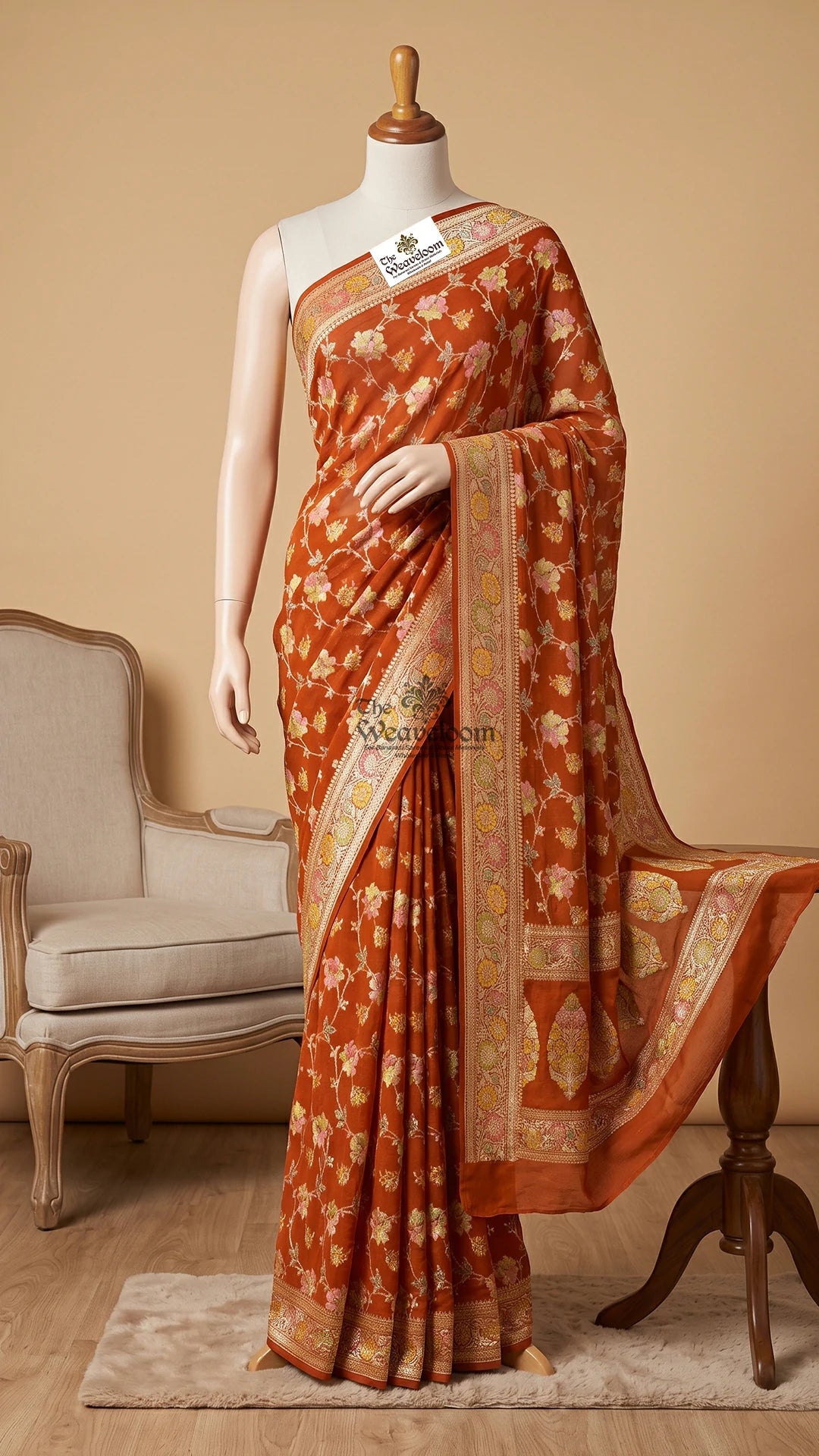 Rust Orange Floral Hand-Brushed Zari Crepe Georgette Banarasi Saree by The Weaveloom