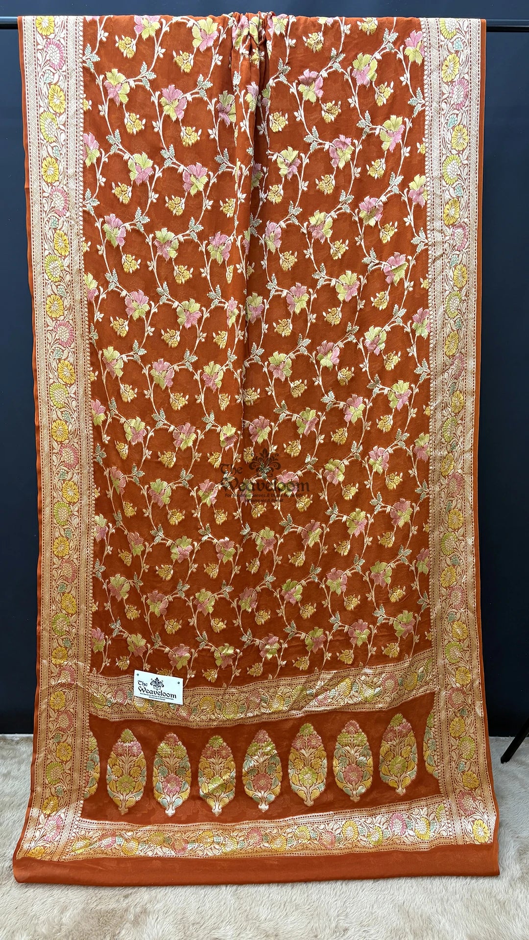 Rust Orange Floral Hand-Brushed Zari Crepe Georgette Banarasi Saree by The Weaveloom