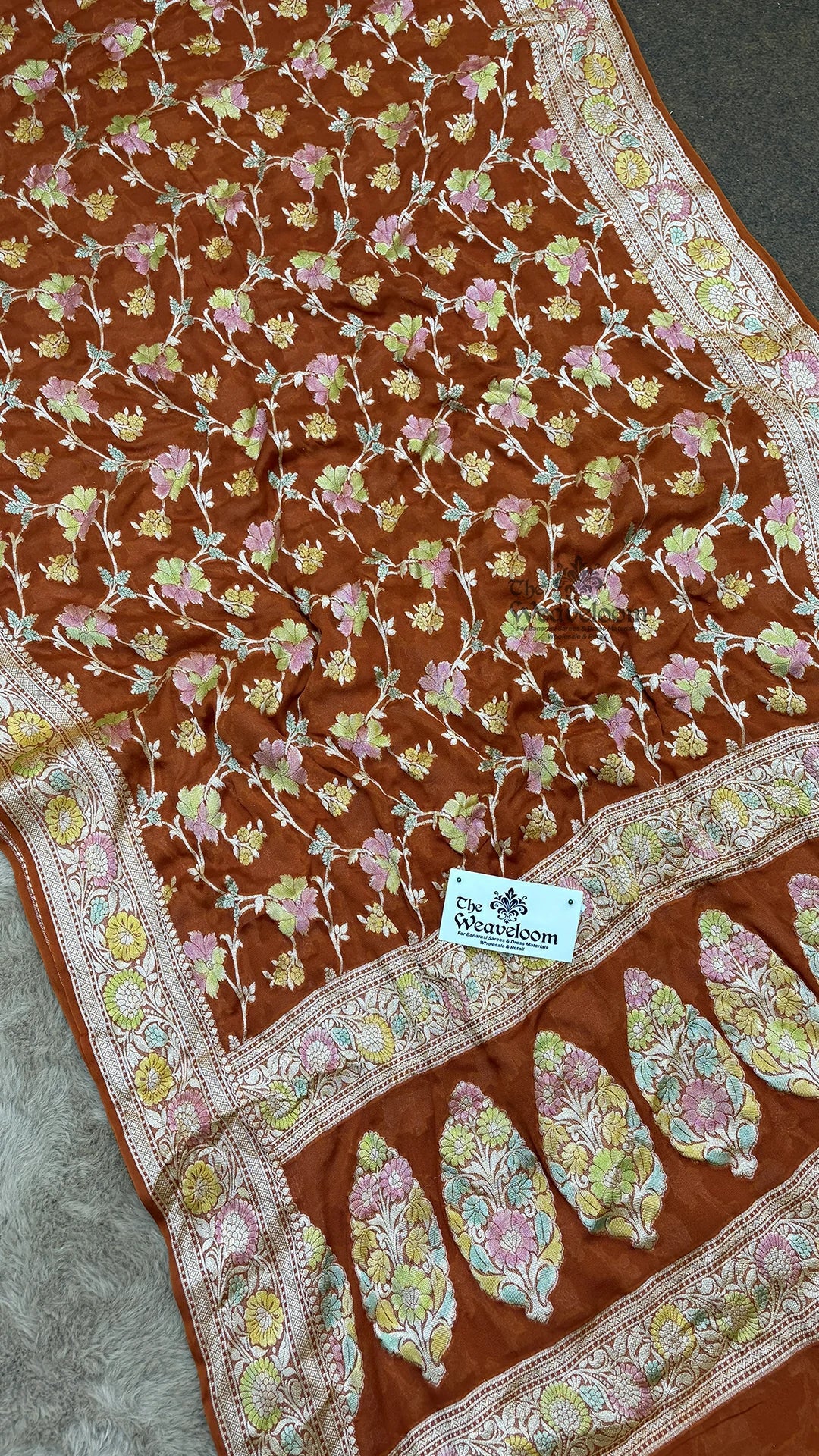 Rust Orange Floral Hand-Brushed Zari Crepe Georgette Banarasi Saree by The Weaveloom