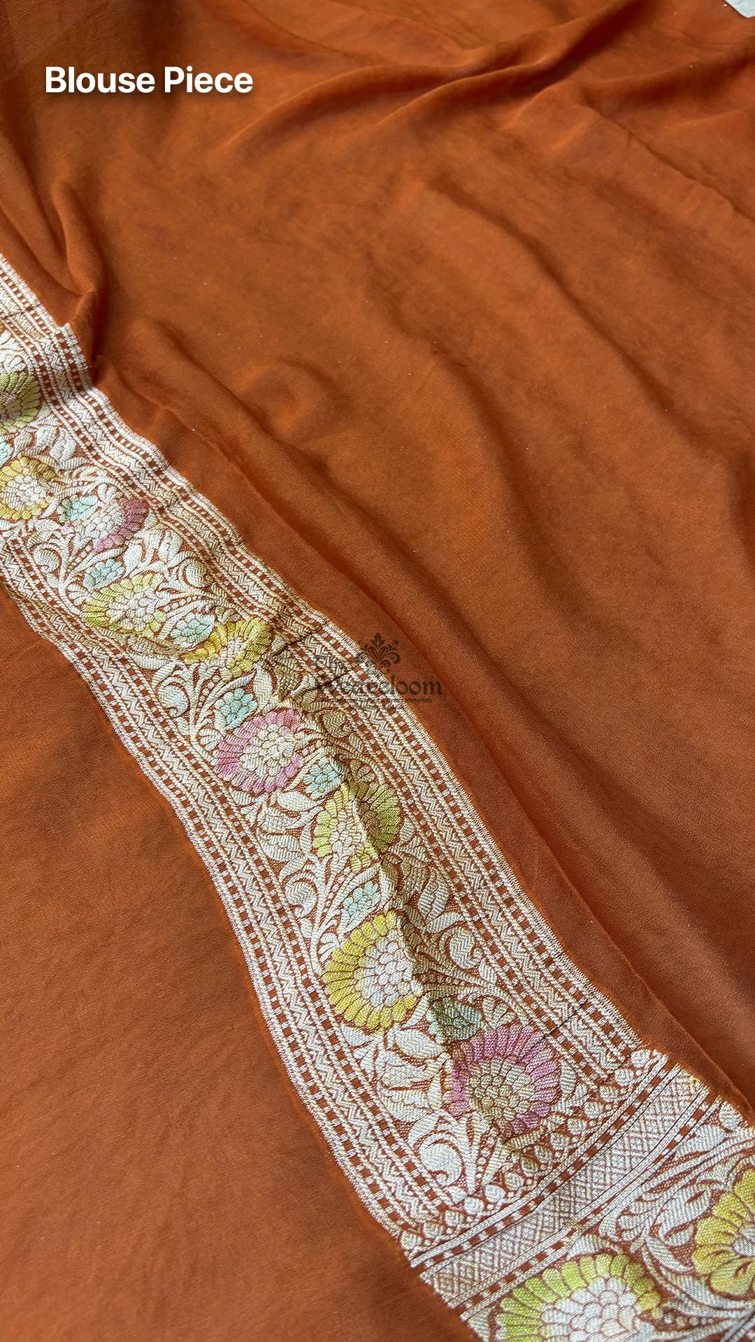 Rust Orange Floral Hand-Brushed Zari Crepe Georgette Banarasi Saree by The Weaveloom