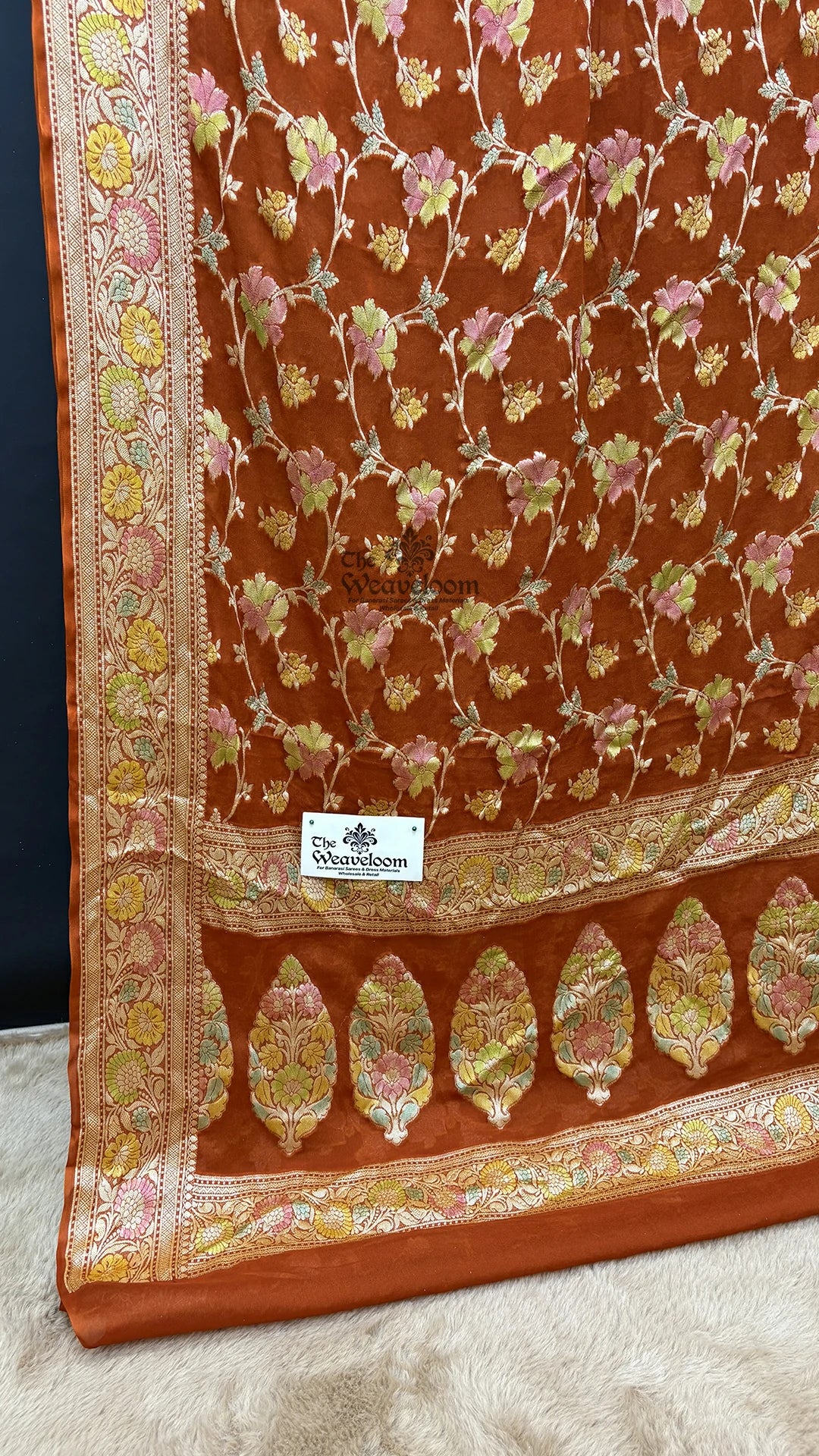 Rust Orange Floral Hand-Brushed Zari Crepe Georgette Banarasi Saree by The Weaveloom