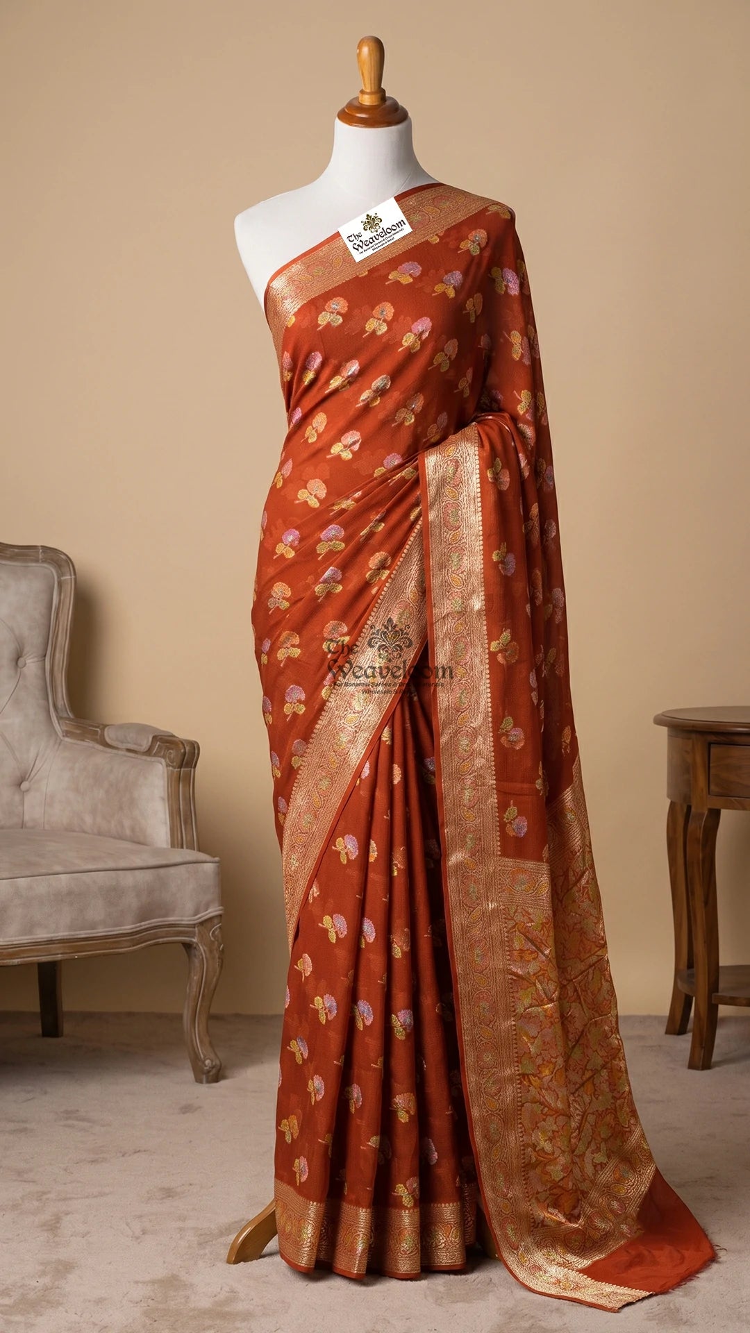 Rust orange meenakari floral buti crepe georgette pure Banarasi saree by The Weaveloom