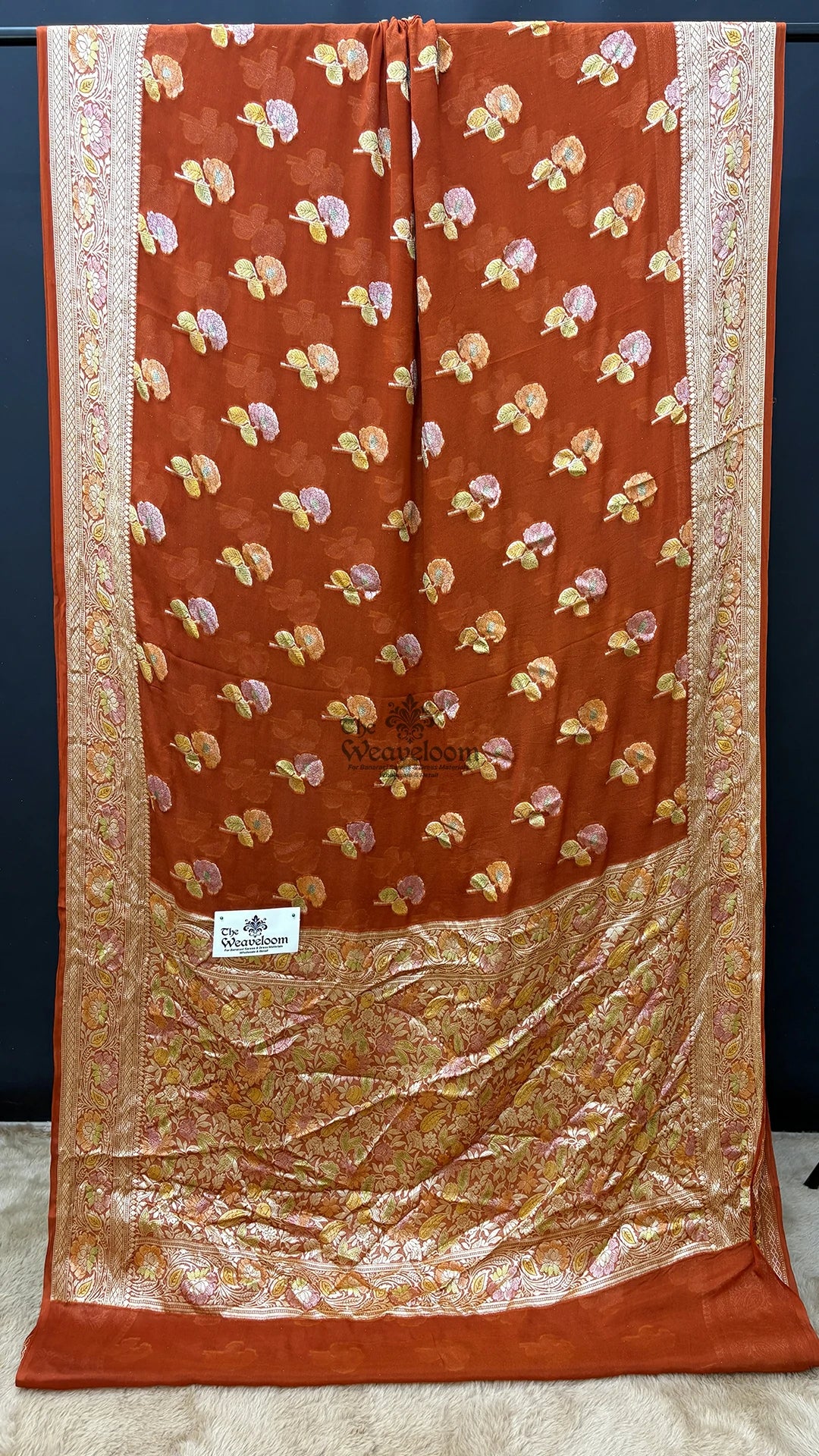 Rust orange meenakari floral buti crepe georgette pure Banarasi saree by The Weaveloom