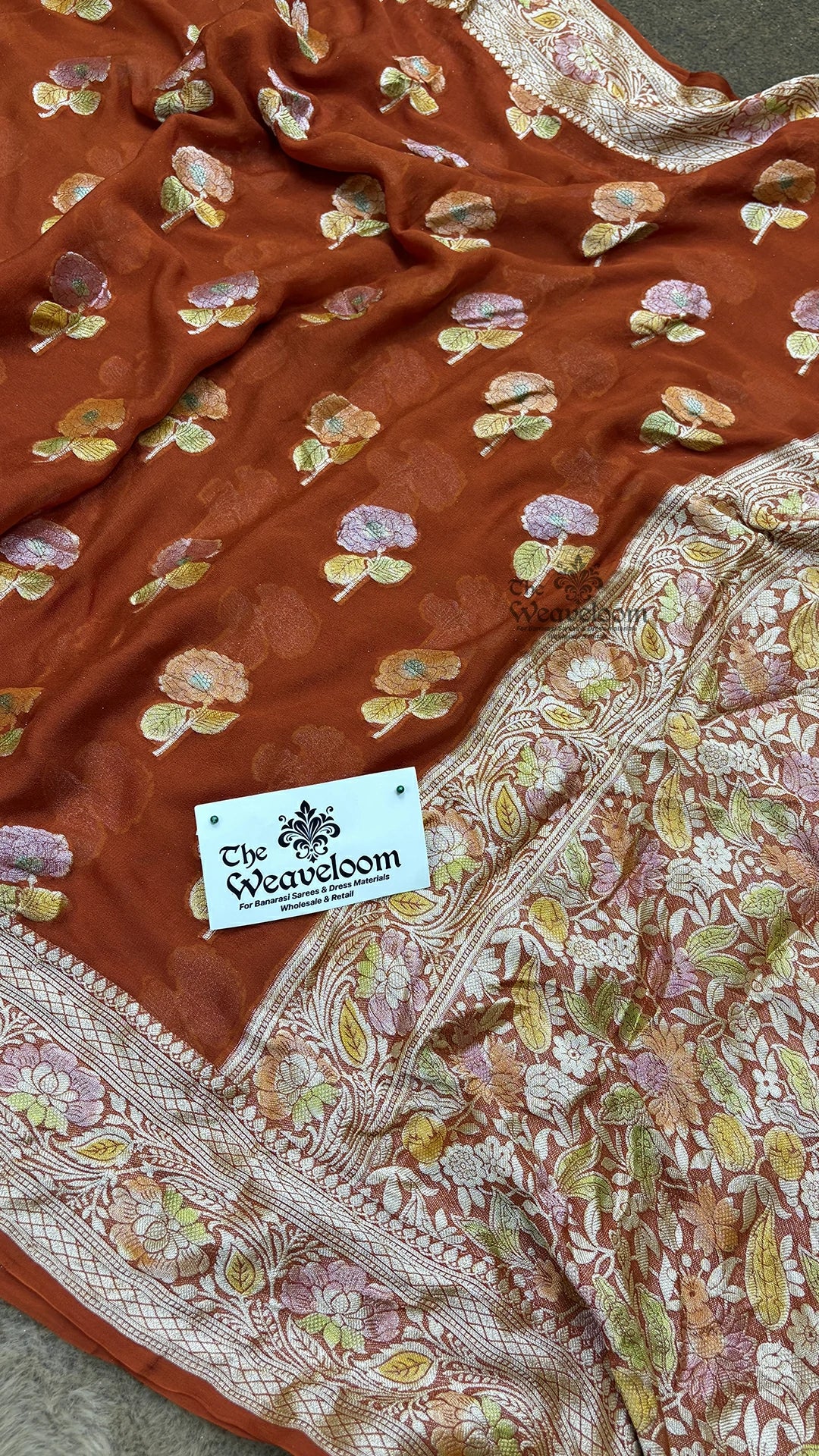 Rust orange meenakari floral buti crepe georgette pure Banarasi saree by The Weaveloom