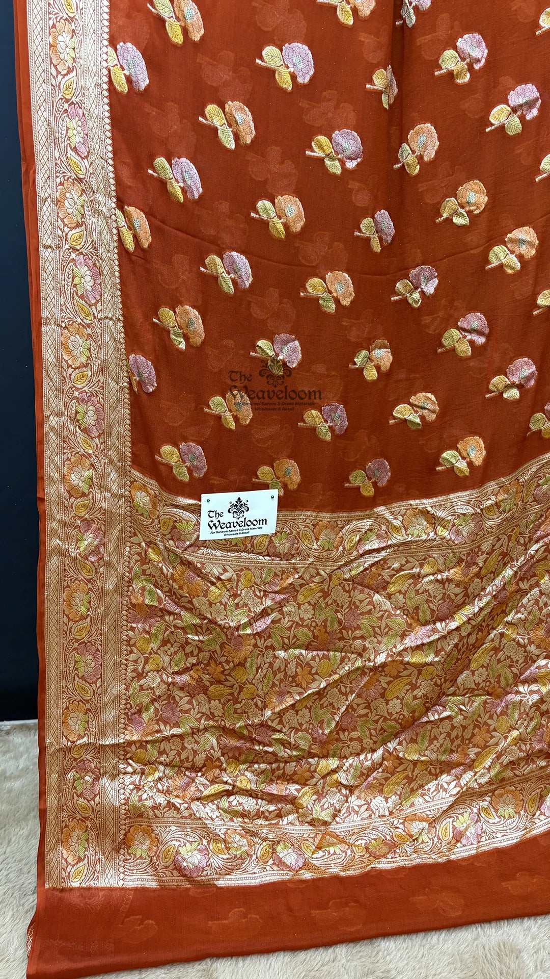 Rust orange meenakari floral buti crepe georgette pure Banarasi saree by The Weaveloom