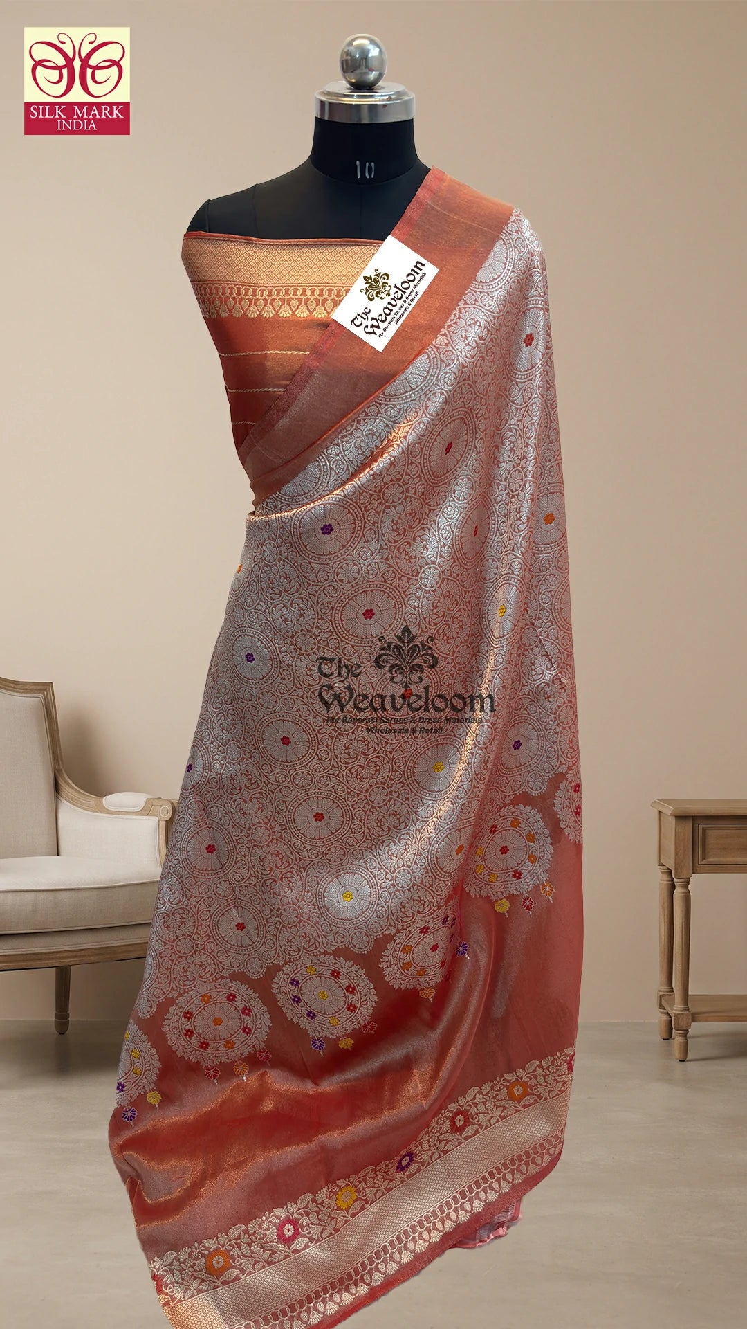 Rust Orange Meenakari Jaal Handloom Katan Tissue Pure Banarasi Saree by The Weaveloom
