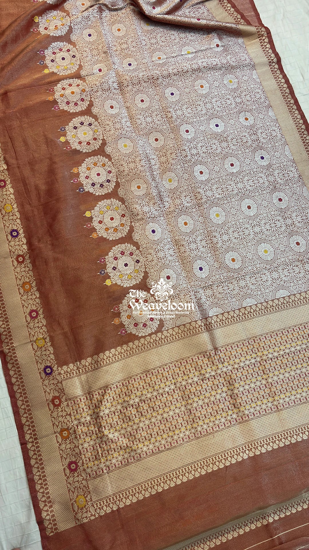 Rust Orange Meenakari Jaal Handloom Katan Tissue Pure Banarasi Saree by The Weaveloom